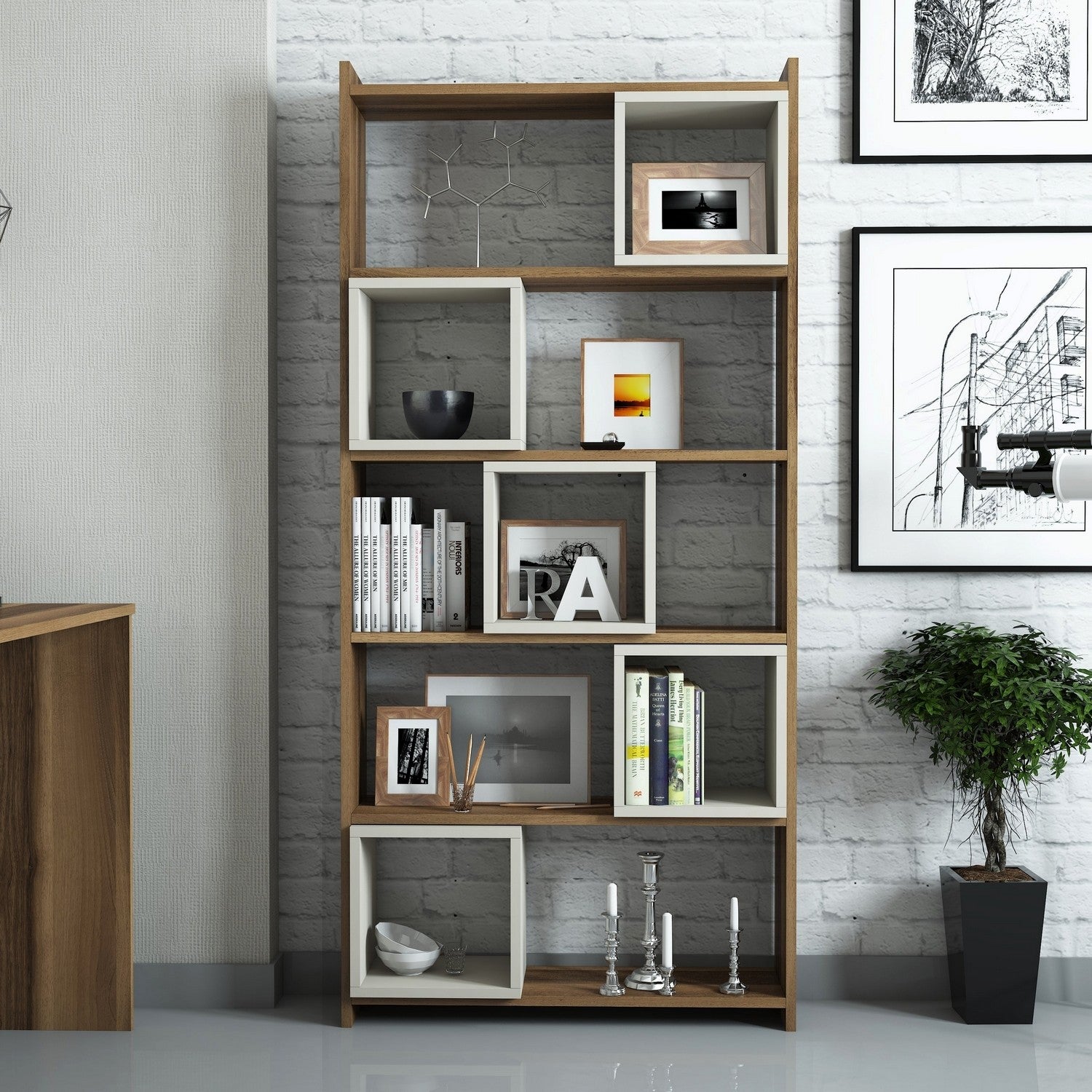 Estante de livros – 80 x 170 x 22 cm – Nogueira e Creme – Painéis de partículas revestidos a melamina