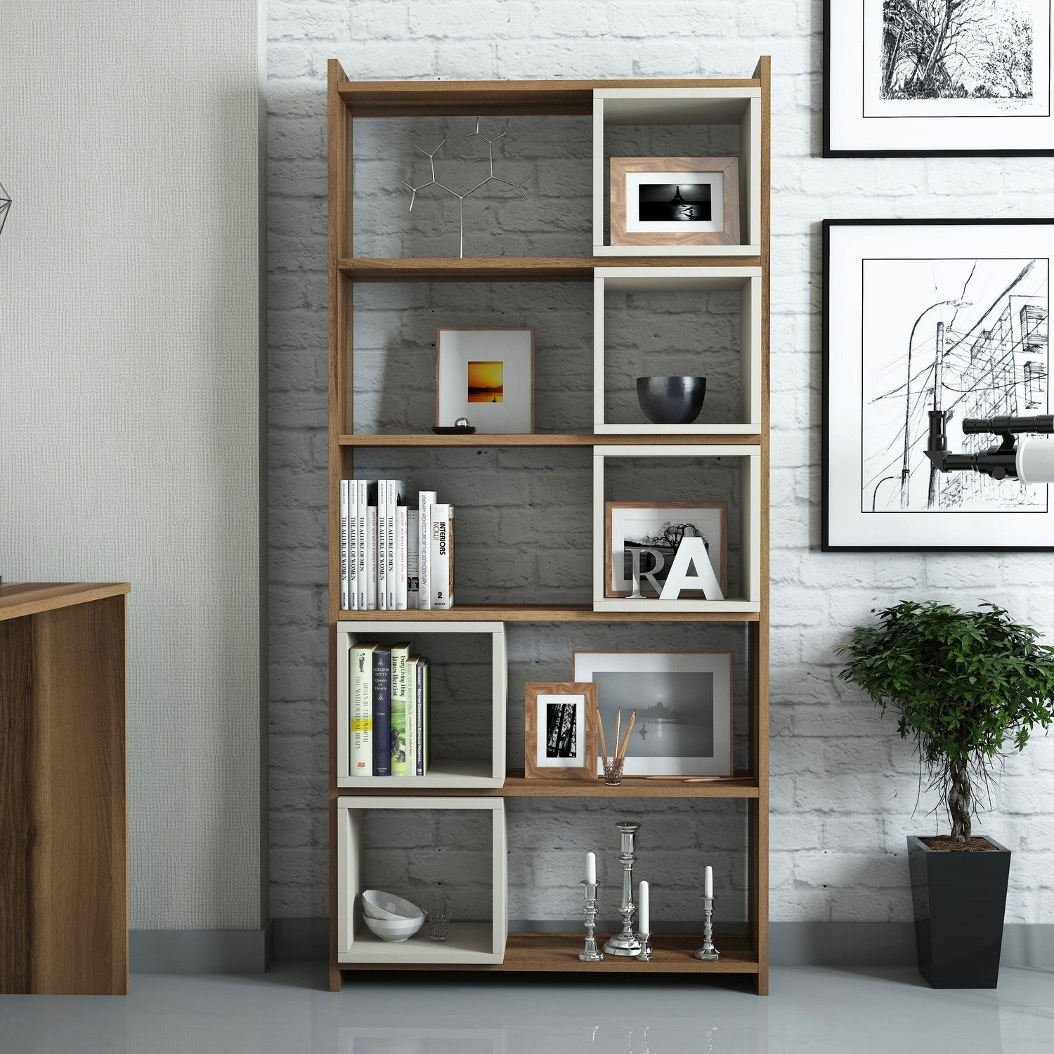 Estante de livros – 80 x 170 x 22 cm – Nogueira e Creme – Painéis de partículas revestidos a melamina