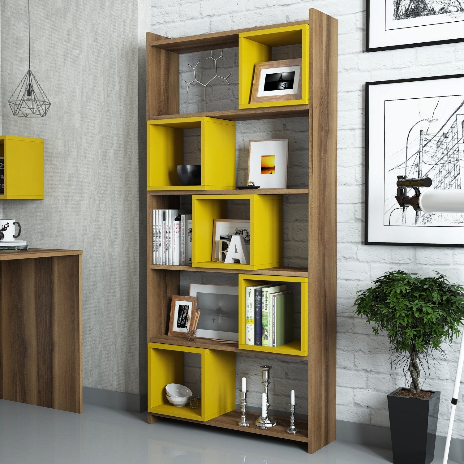 Estante – 80 x 170 x 22 cm – Nogueira e Amarelo – Painel de partículas revestido a melamina