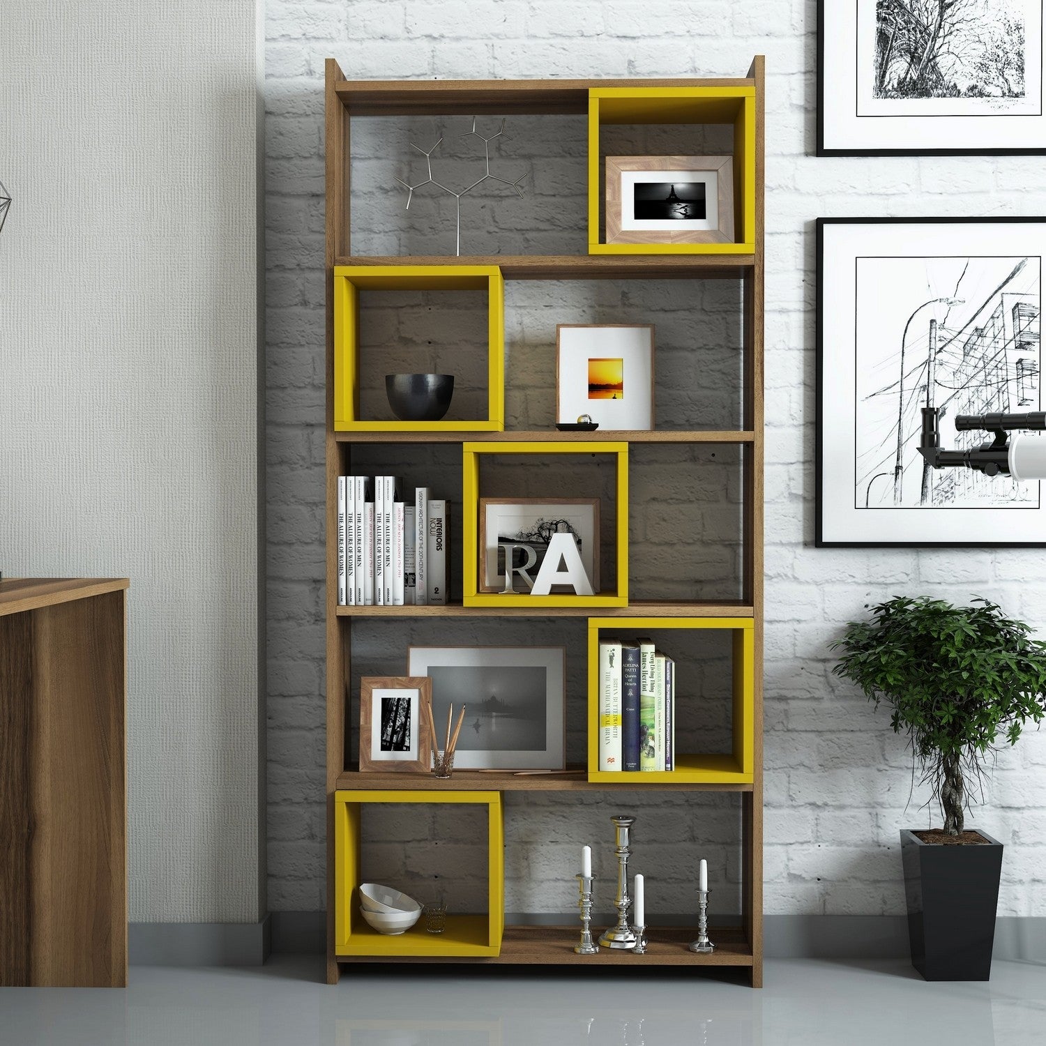 Estante – 80 x 170 x 22 cm – Nogueira e Amarelo – Painel de partículas revestido a melamina