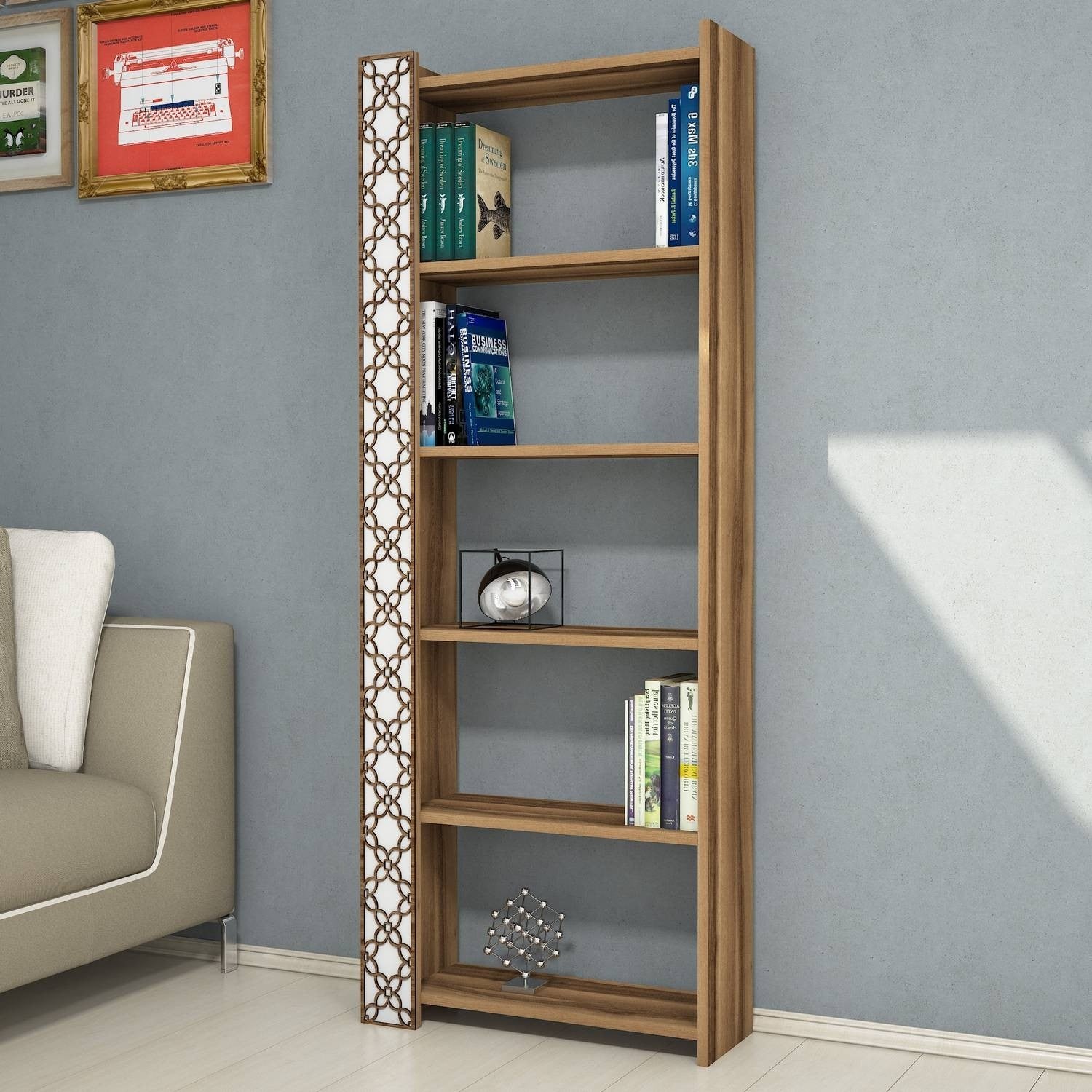 Estante moderna – 64,6 x 170 x 24,2 cm – Nogueira e Branca – MDF revestido de melamina