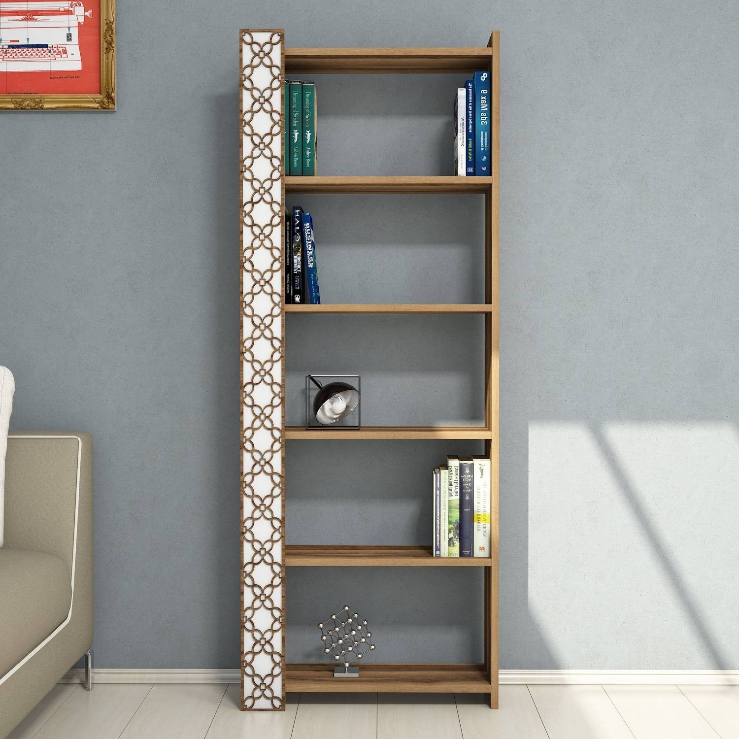 Estante moderna – 64,6 x 170 x 24,2 cm – Nogueira e Branca – MDF revestido de melamina