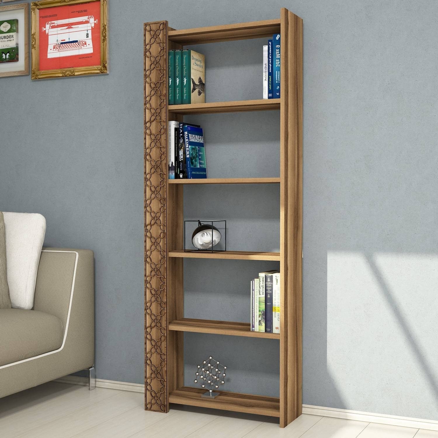 Estante moderna em nogueira – 64,6 x 170 x 24,2 cm – painel de partículas – revestido em melamina