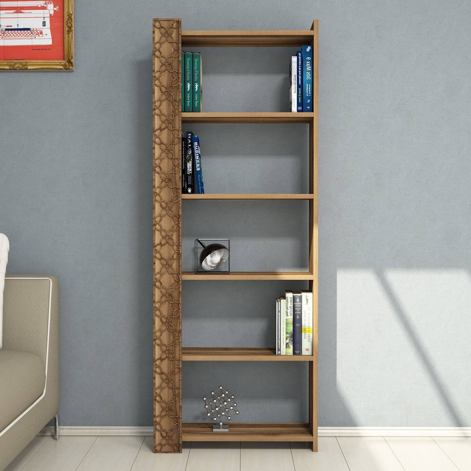 Estante moderna em nogueira – 64,6 x 170 x 24,2 cm – painel de partículas – revestido em melamina