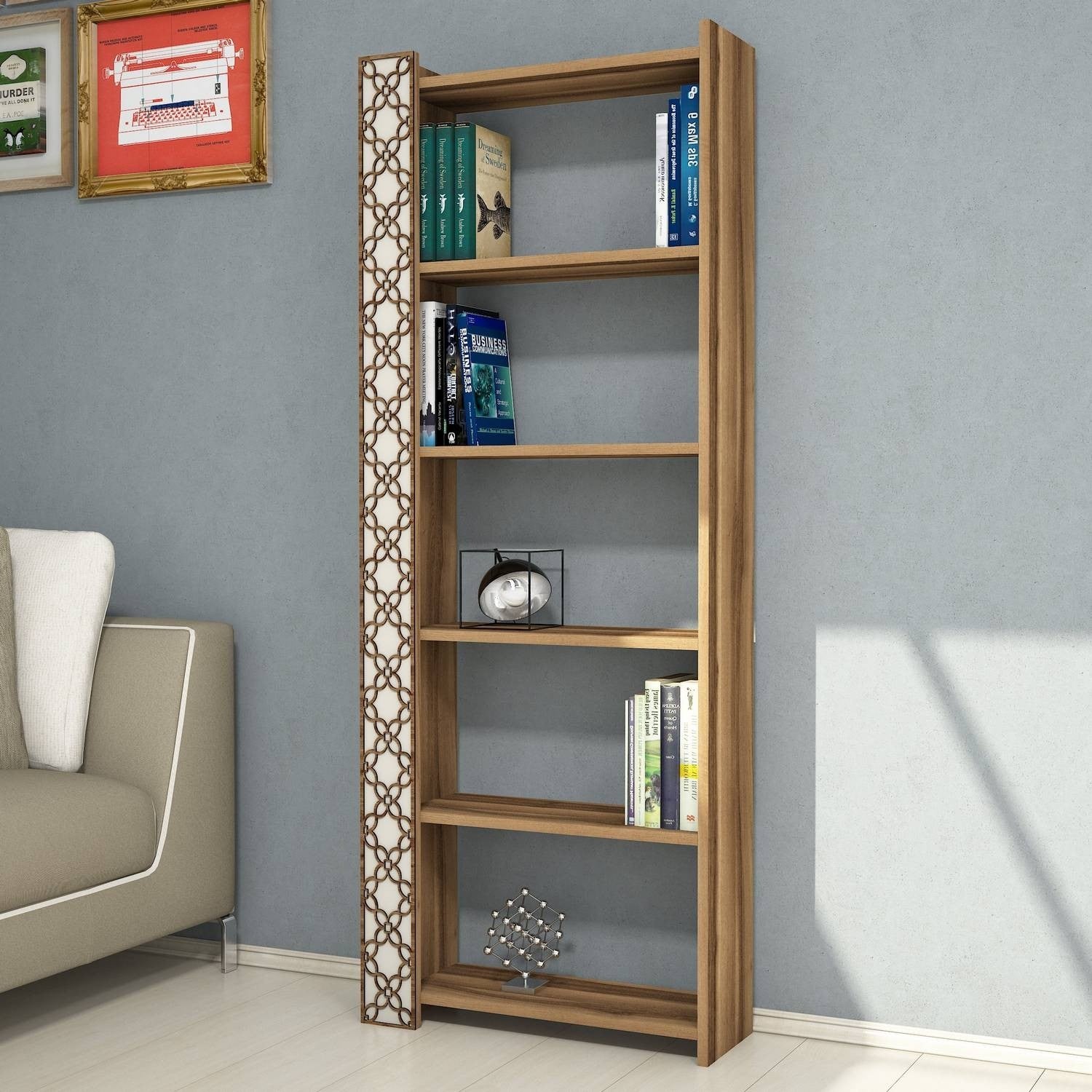 Estante moderna – 64,6 x 170 x 24,2 cm – nogueira e creme – painel de partículas