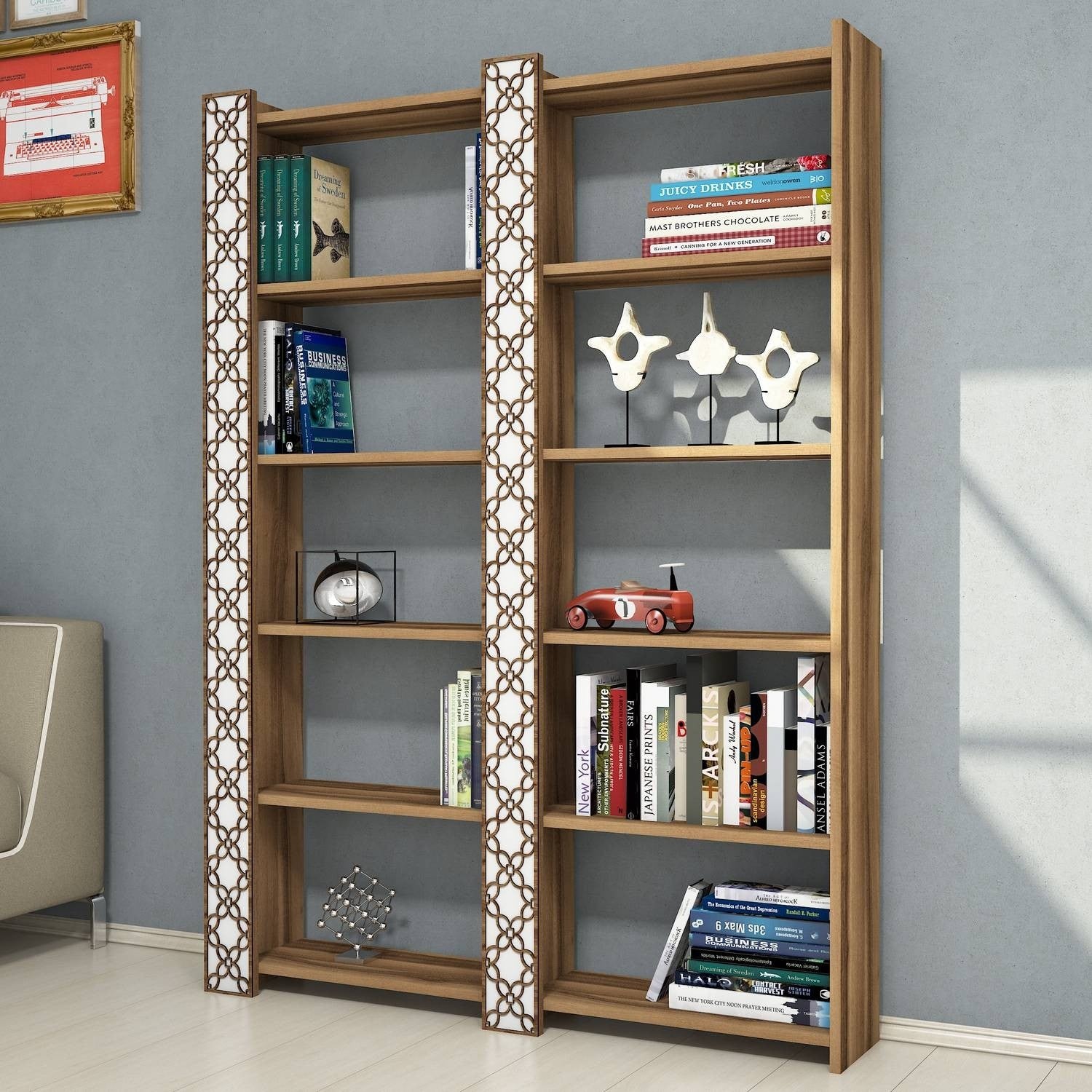 Estante moderna – 124,6 x 170 x 24,2 cm – Noz e Branco – aglomerado revestido de melamina