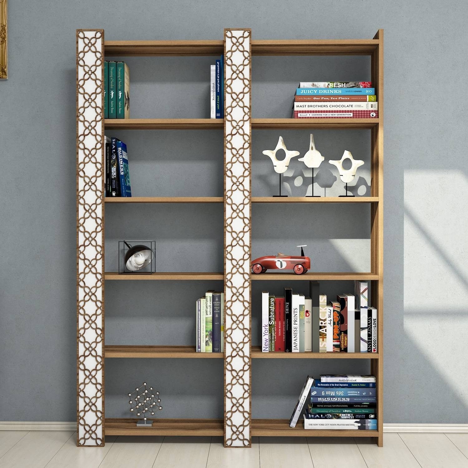 Estante moderna – 124,6 x 170 x 24,2 cm – Noz e Branco – aglomerado revestido de melamina