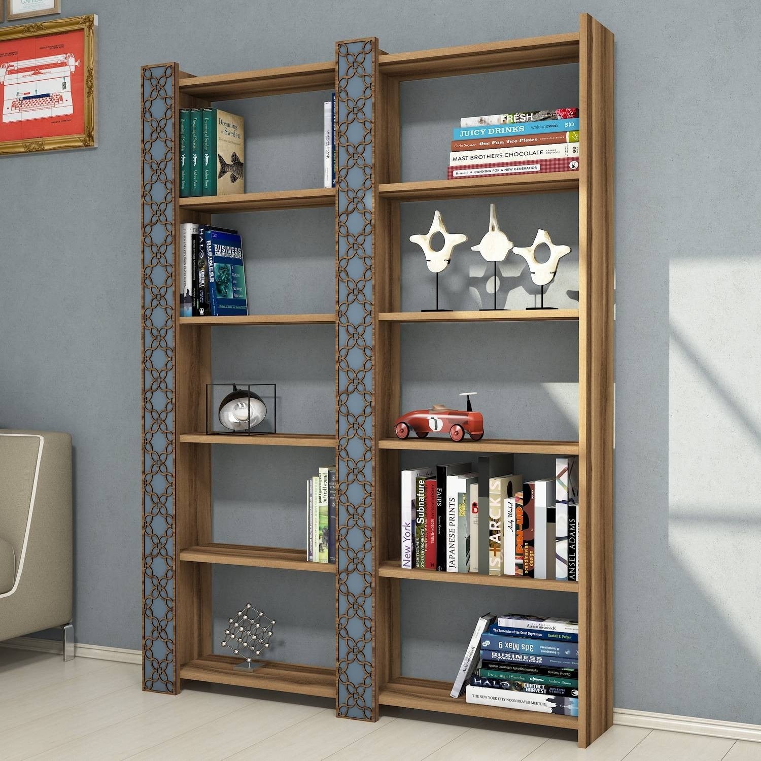 Estante moderna – 124,6 x 170 x 24,2 cm – Nogueira e Calcedónia – Melamina