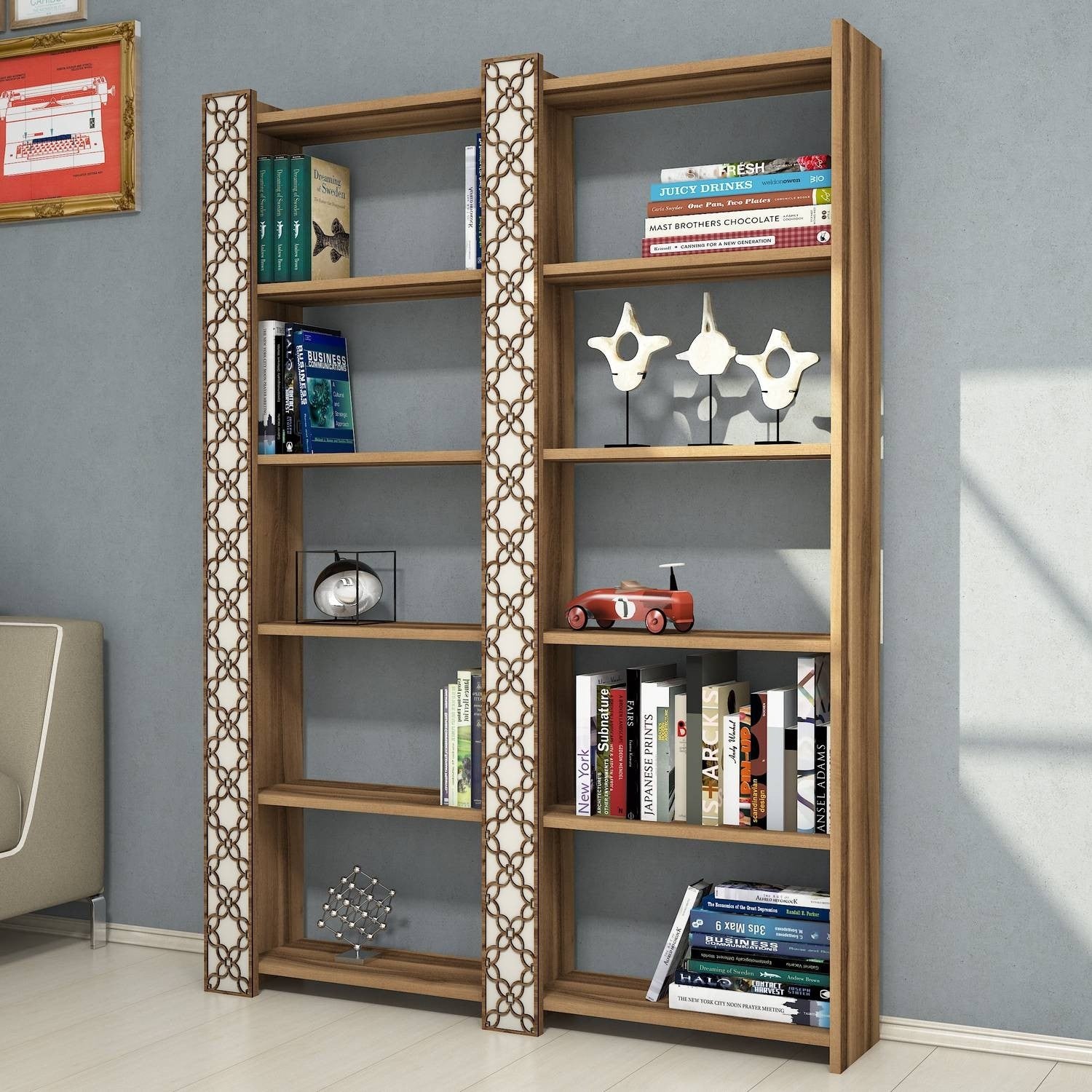 Estante moderna – 124,6 x 170 x 24,2 cm – nogueira e creme – melamina