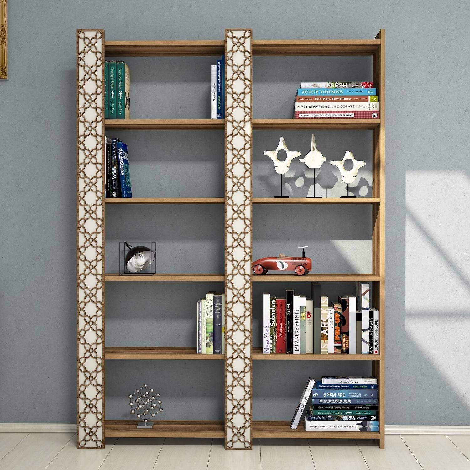 Estante moderna – 124,6 x 170 x 24,2 cm – nogueira e creme – melamina