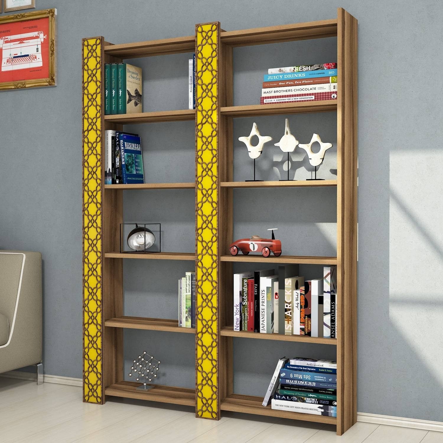 Estante boémia – 124,6 x 170 x 24,2 cm – nogueira e amarela – melamina