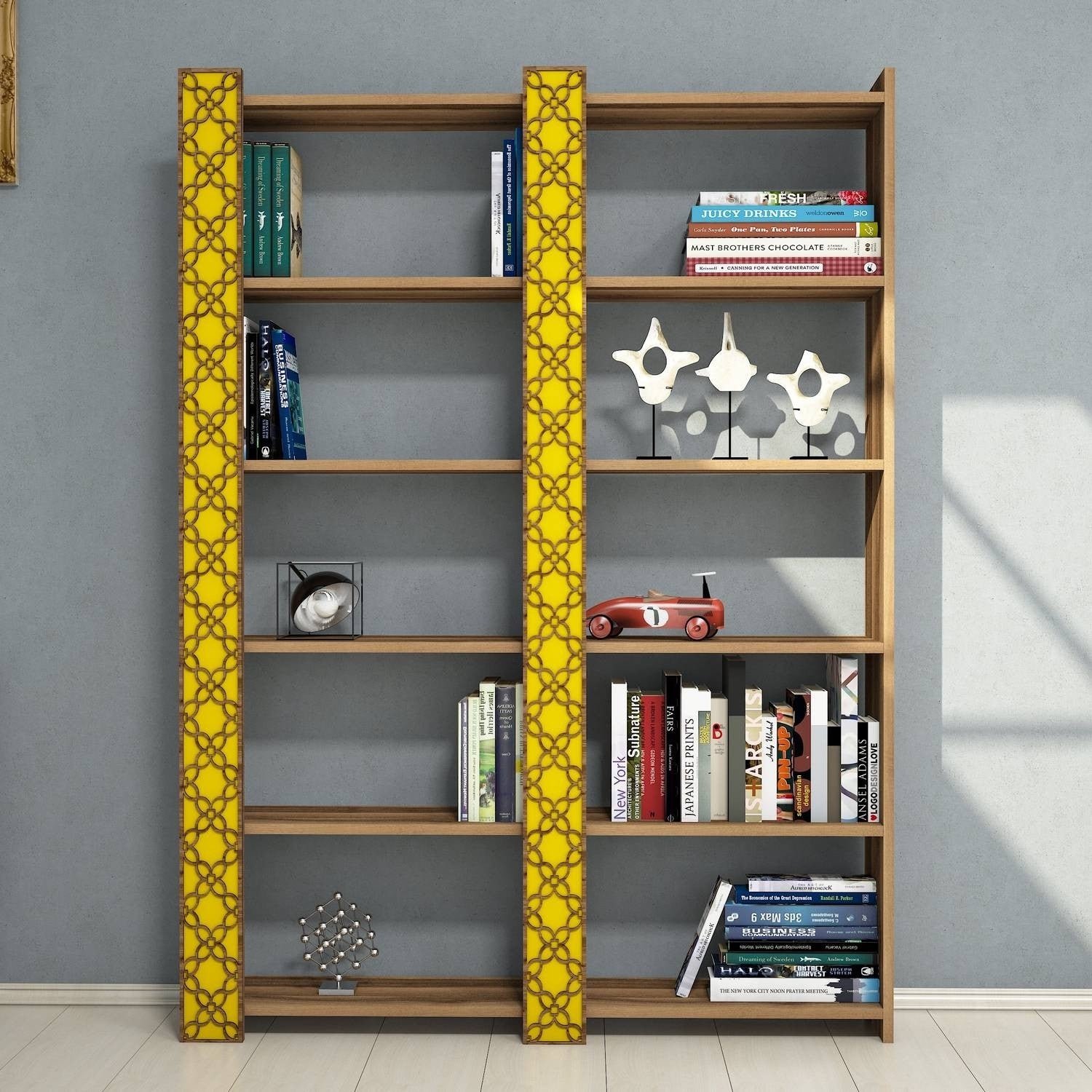 Estante boémia – 124,6 x 170 x 24,2 cm – nogueira e amarela – melamina