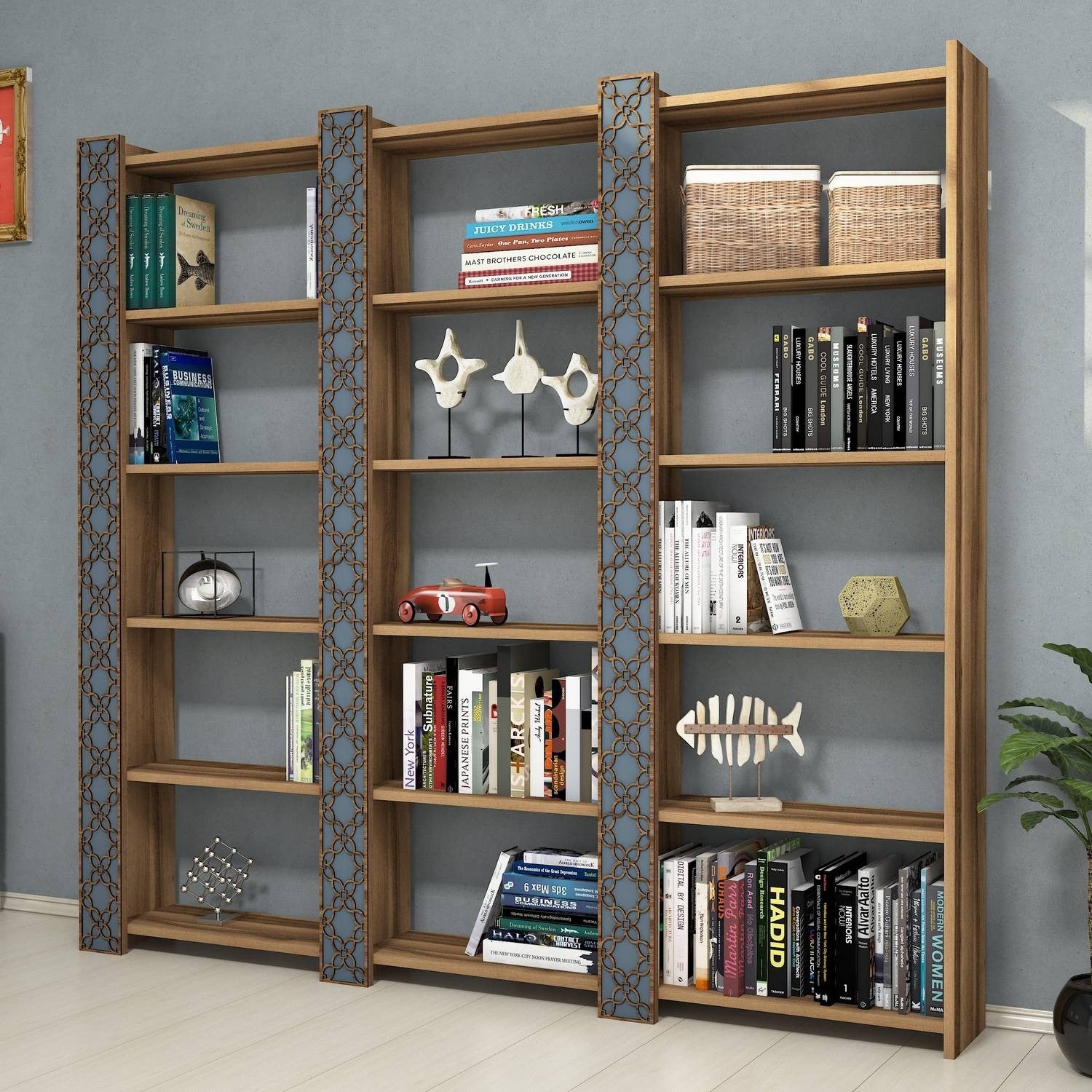 Estante moderna – 184,6 x 170 x 24,2 cm – Nogueira e Calcedónia – Melamina