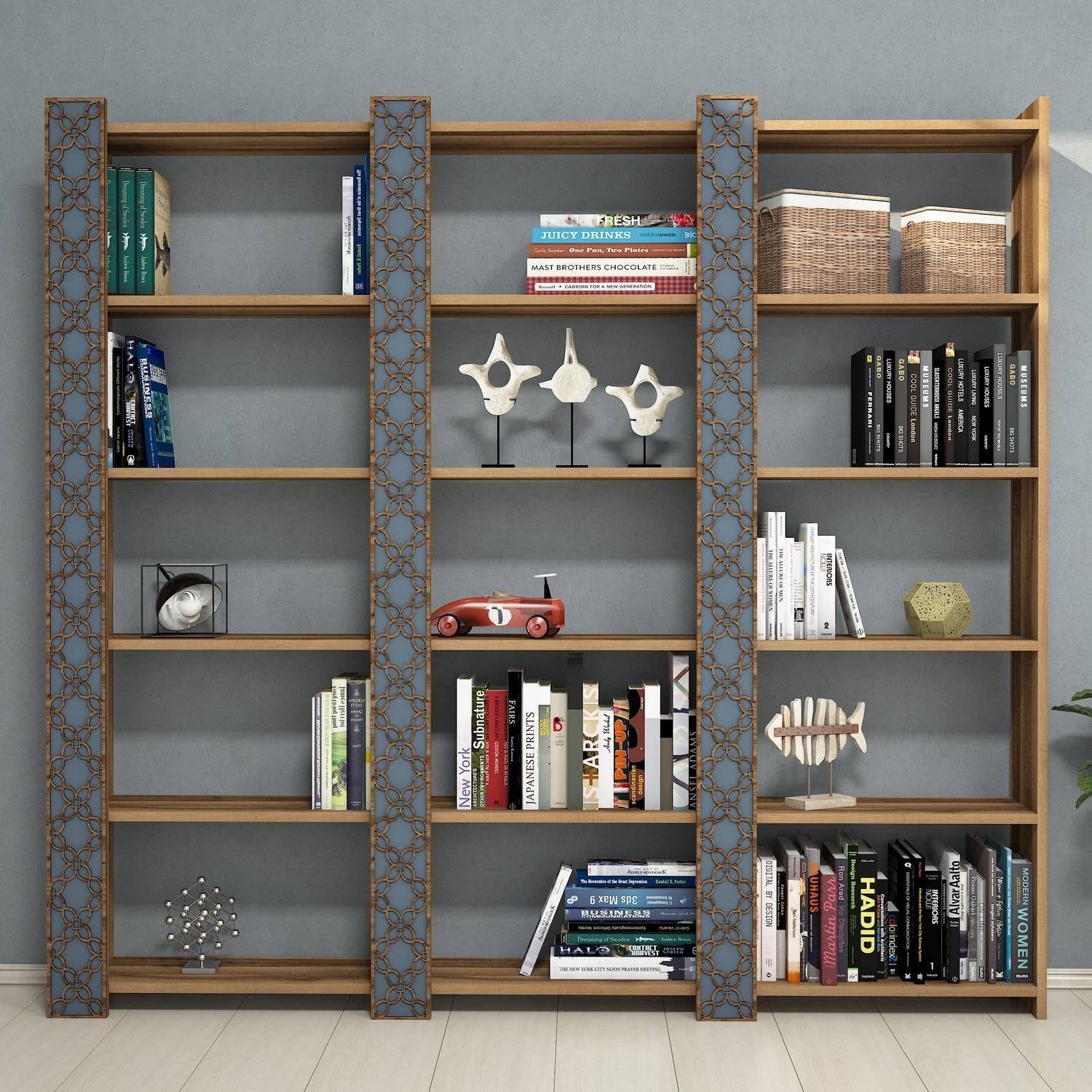 Estante moderna – 184,6 x 170 x 24,2 cm – Nogueira e Calcedónia – Melamina