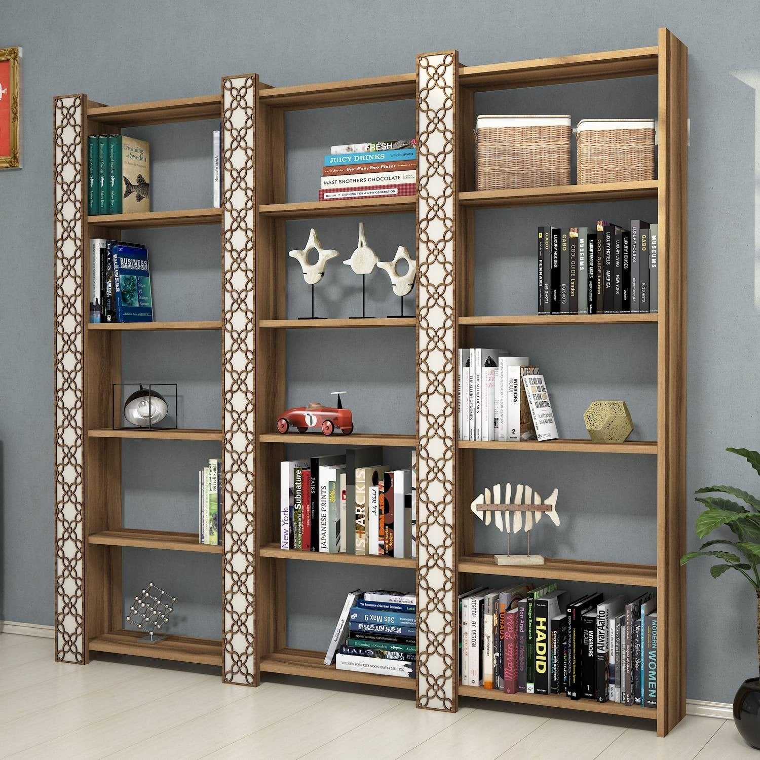 Estante moderna – 184,6 x 170 x 24,2 cm – cor nogueira e creme – 100% revestida em melamina