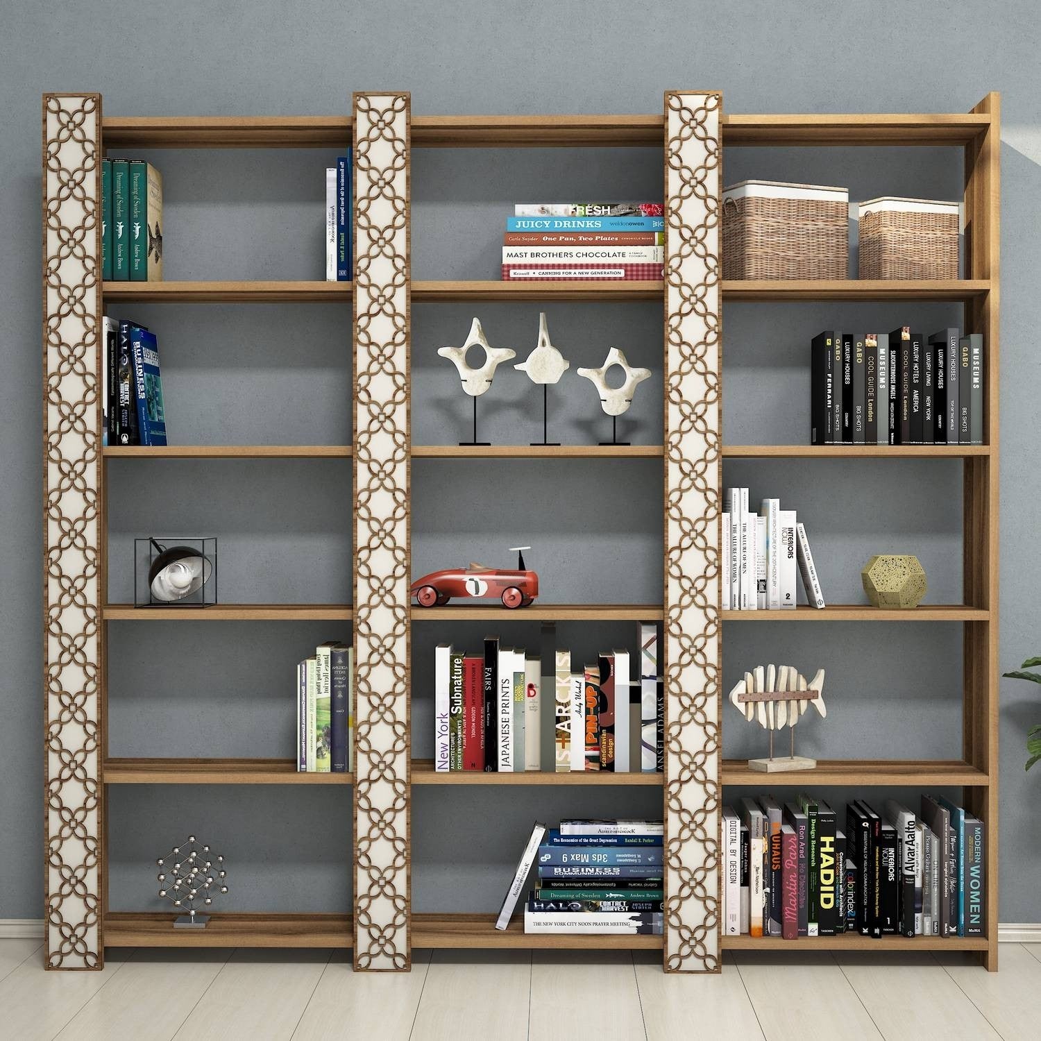 Estante moderna – 184,6 x 170 x 24,2 cm – cor nogueira e creme – 100% revestida em melamina