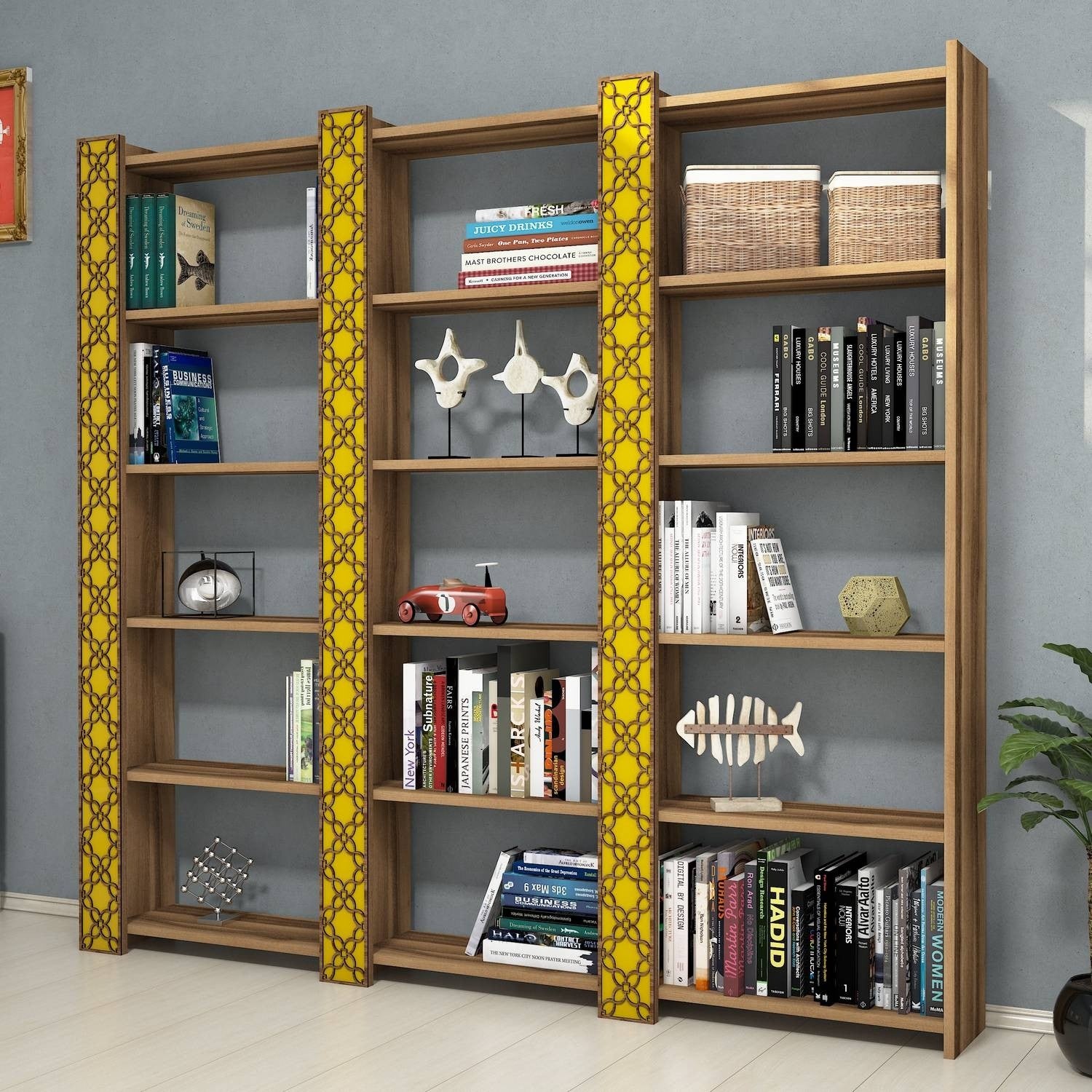 Estante – 184,6 x 170 x 24,2 cm – Nogueira e Amarela – Melamina