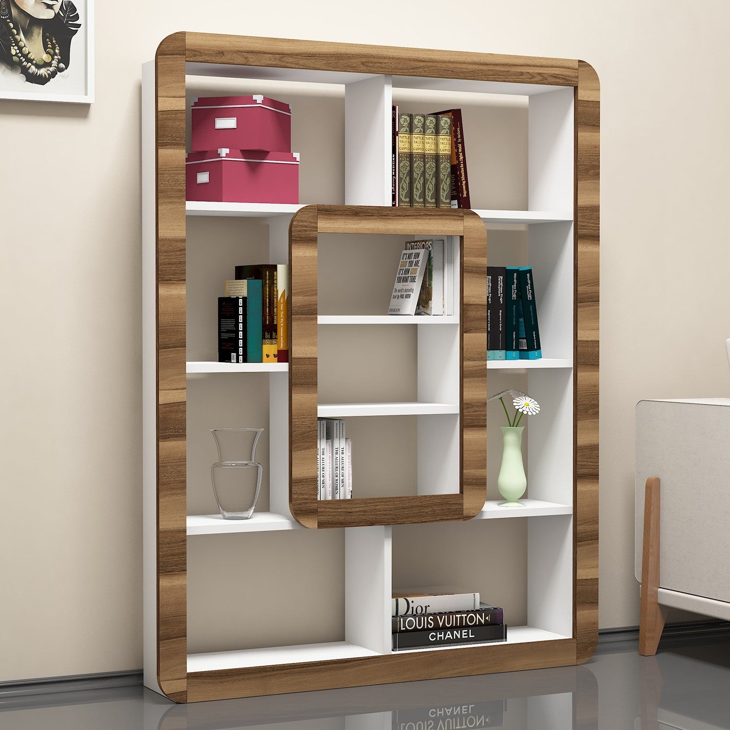 Estante moderna – 108,4 x 140 x 21,8 cm – Branco e nogueira – Painéis de partículas revestidos a melamina