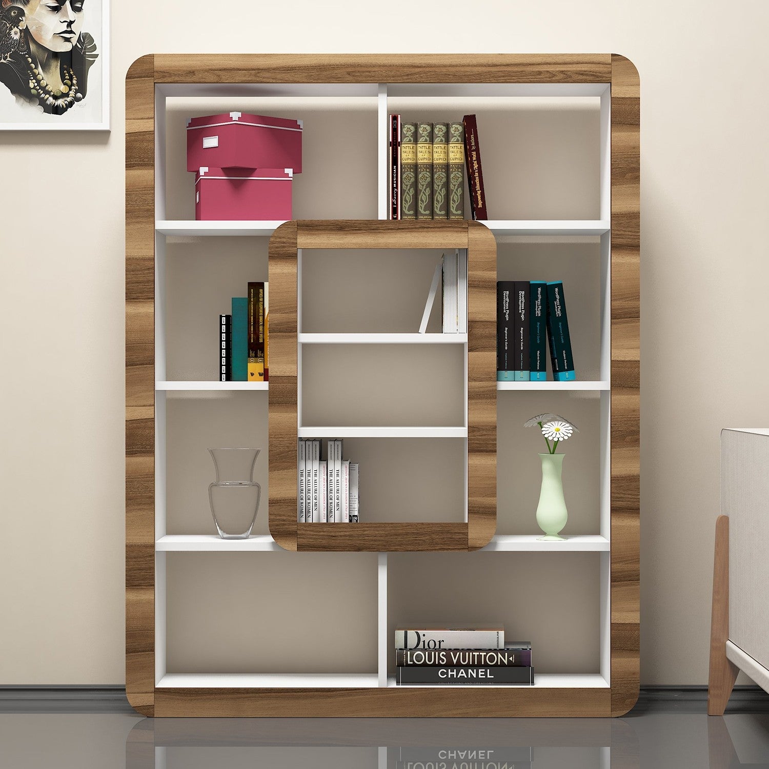 Estante moderna – 108,4 x 140 x 21,8 cm – Branco e nogueira – Painéis de partículas revestidos a melamina