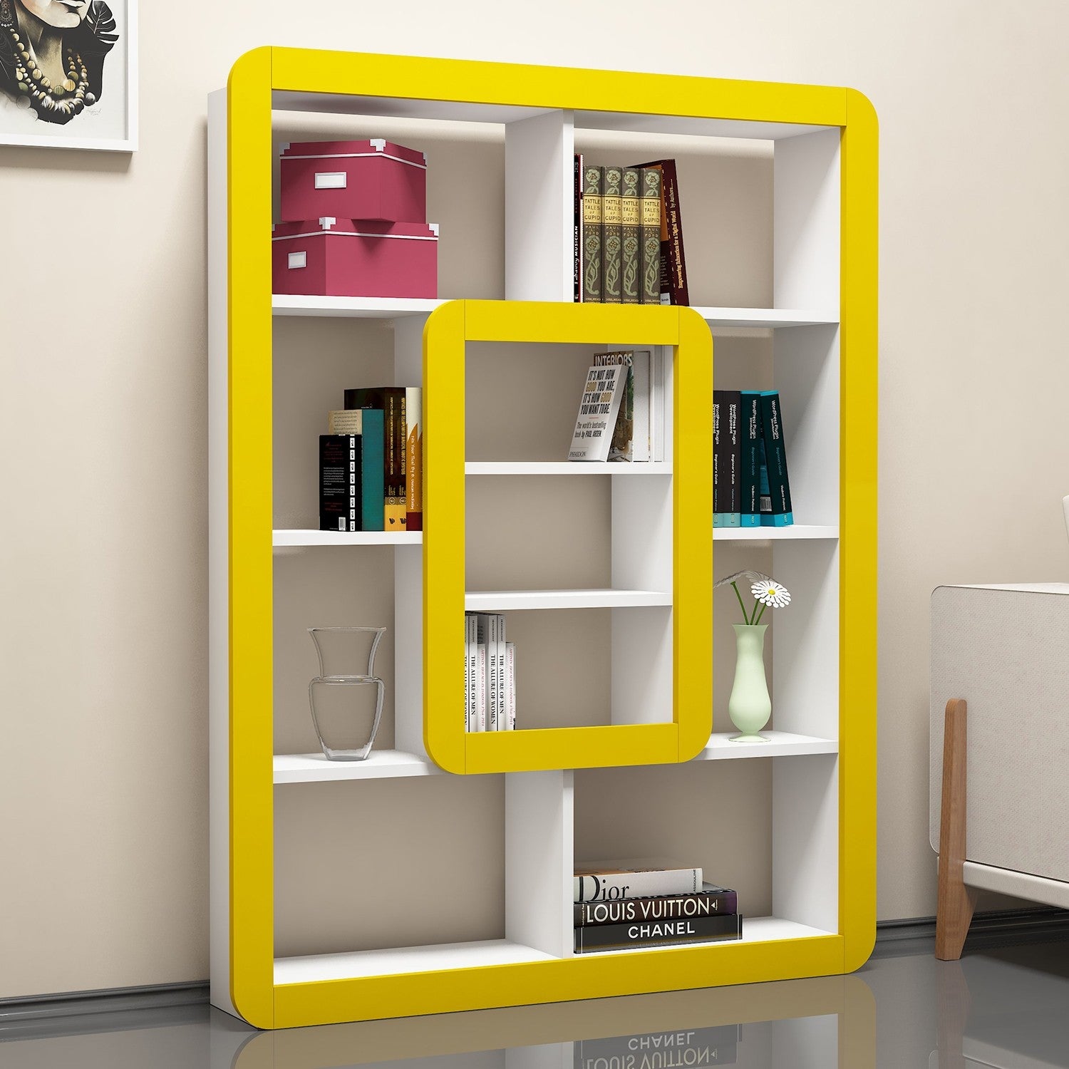 Estante Boémia – 108,4 x 140 x 21,8 cm – Branca e Amarela – Painel de partículas revestido em melamina