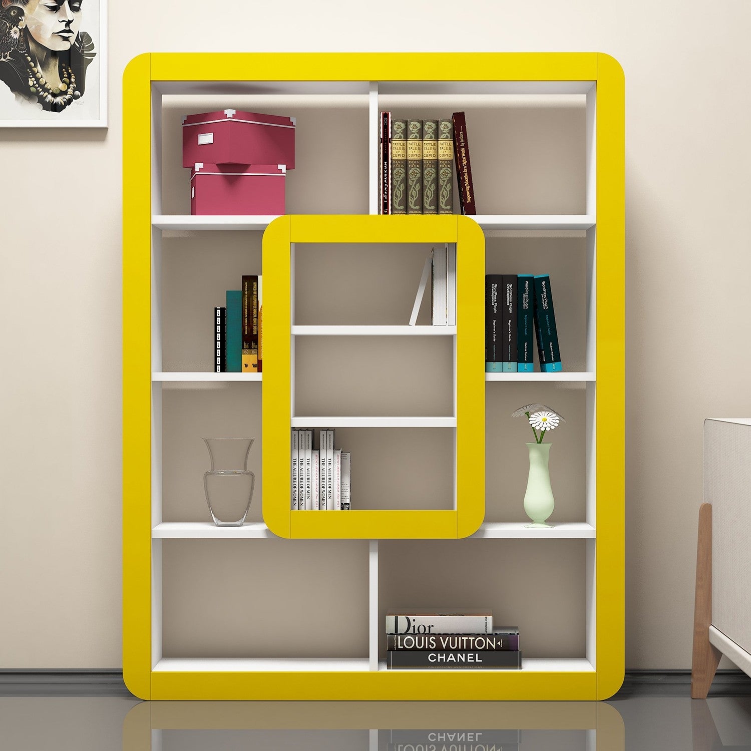 Estante Boémia – 108,4 x 140 x 21,8 cm – Branca e Amarela – Painel de partículas revestido em melamina