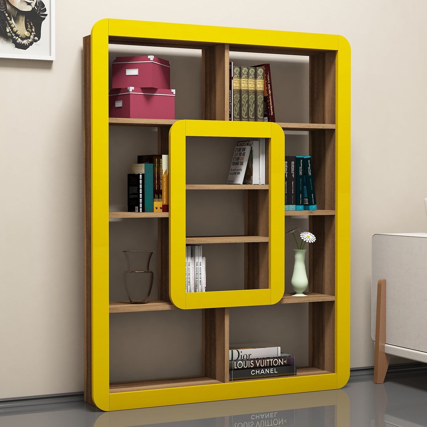 Estante de Livros – 108,4 x 140 x 21,8 cm – Nogueira e Amarelo – Painel de partículas revestido de melamina