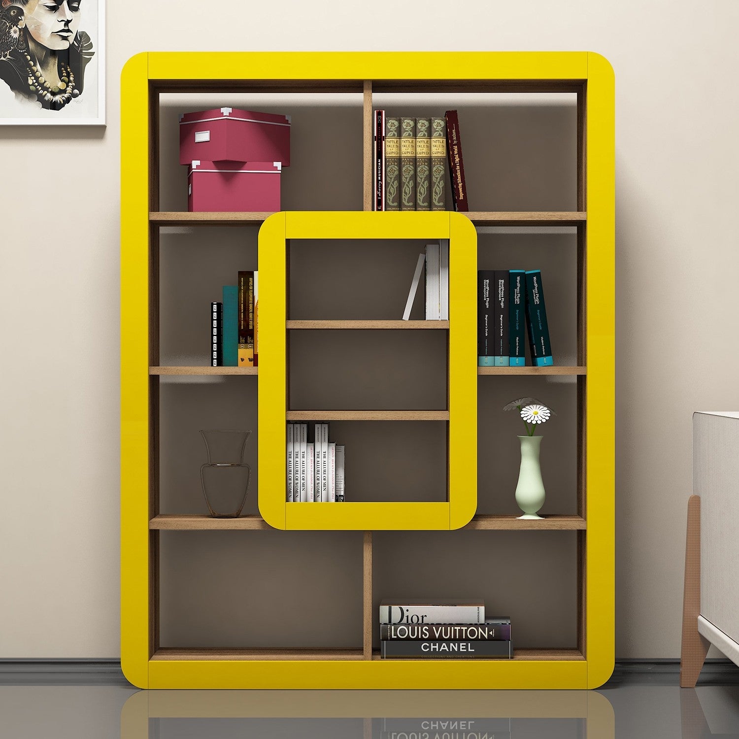 Estante de Livros – 108,4 x 140 x 21,8 cm – Nogueira e Amarelo – Painel de partículas revestido de melamina