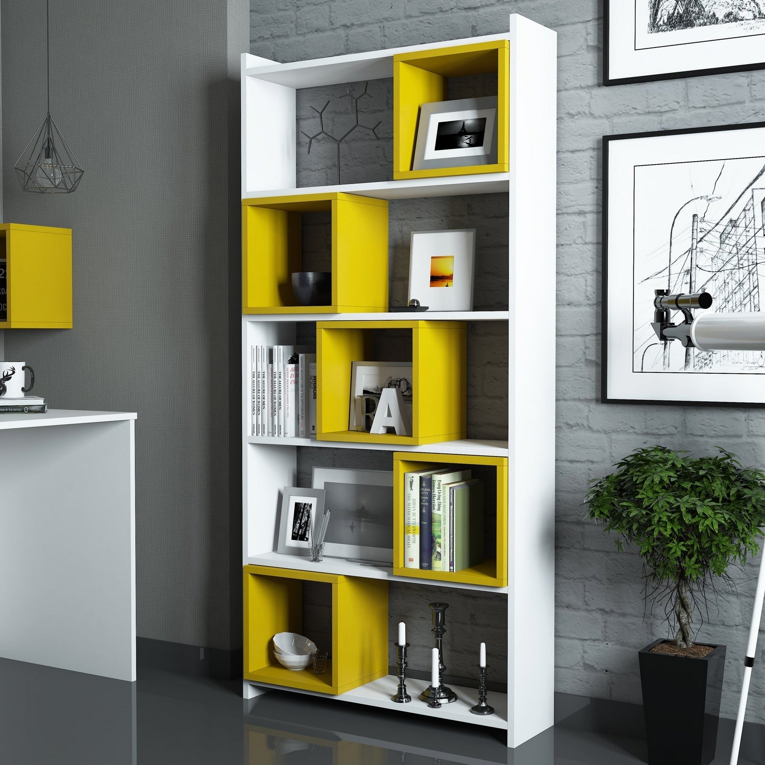 Estante de parede – 80 x 170 x 22 cm – Branco e amarelo – Painéis de partículas revestido em melamina