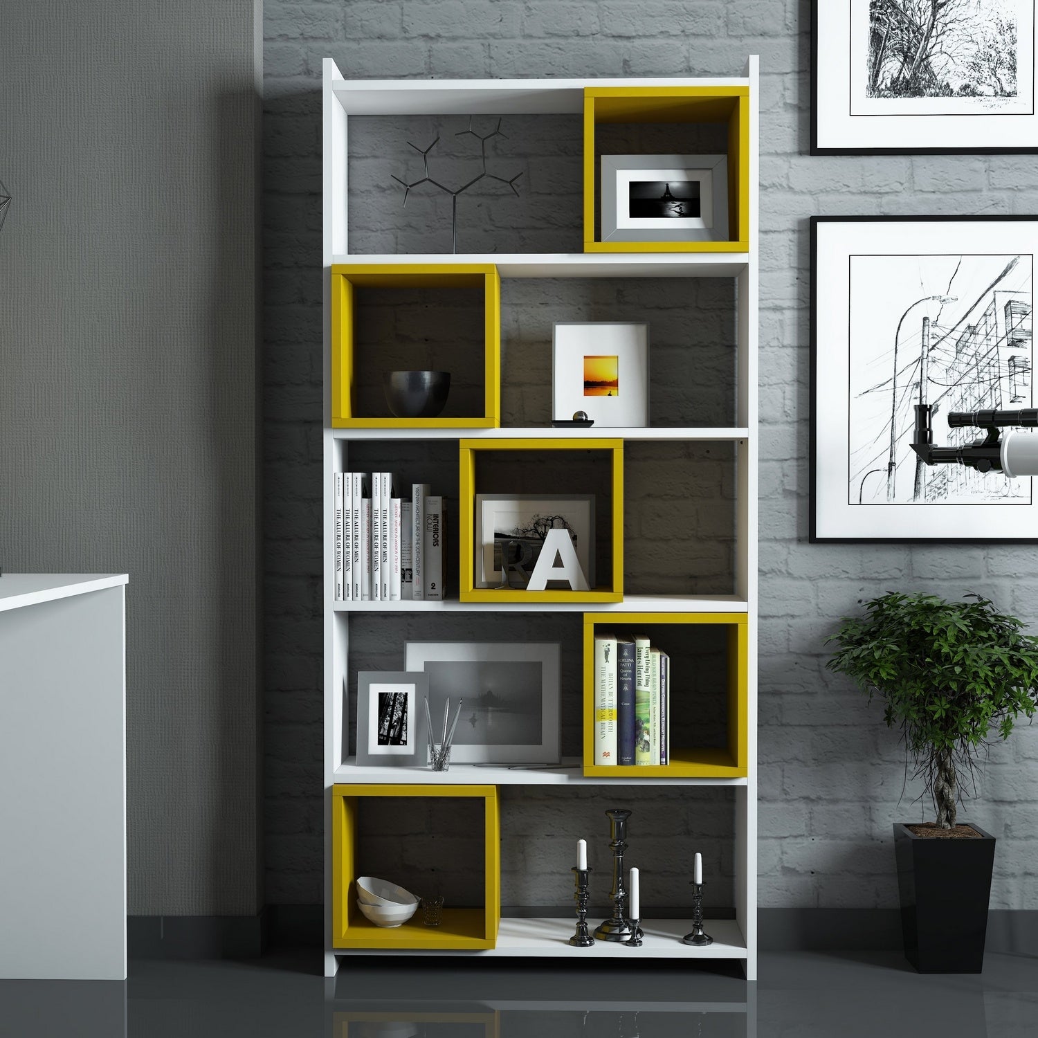 Estante de parede – 80 x 170 x 22 cm – Branco e amarelo – Painéis de partículas revestido em melamina