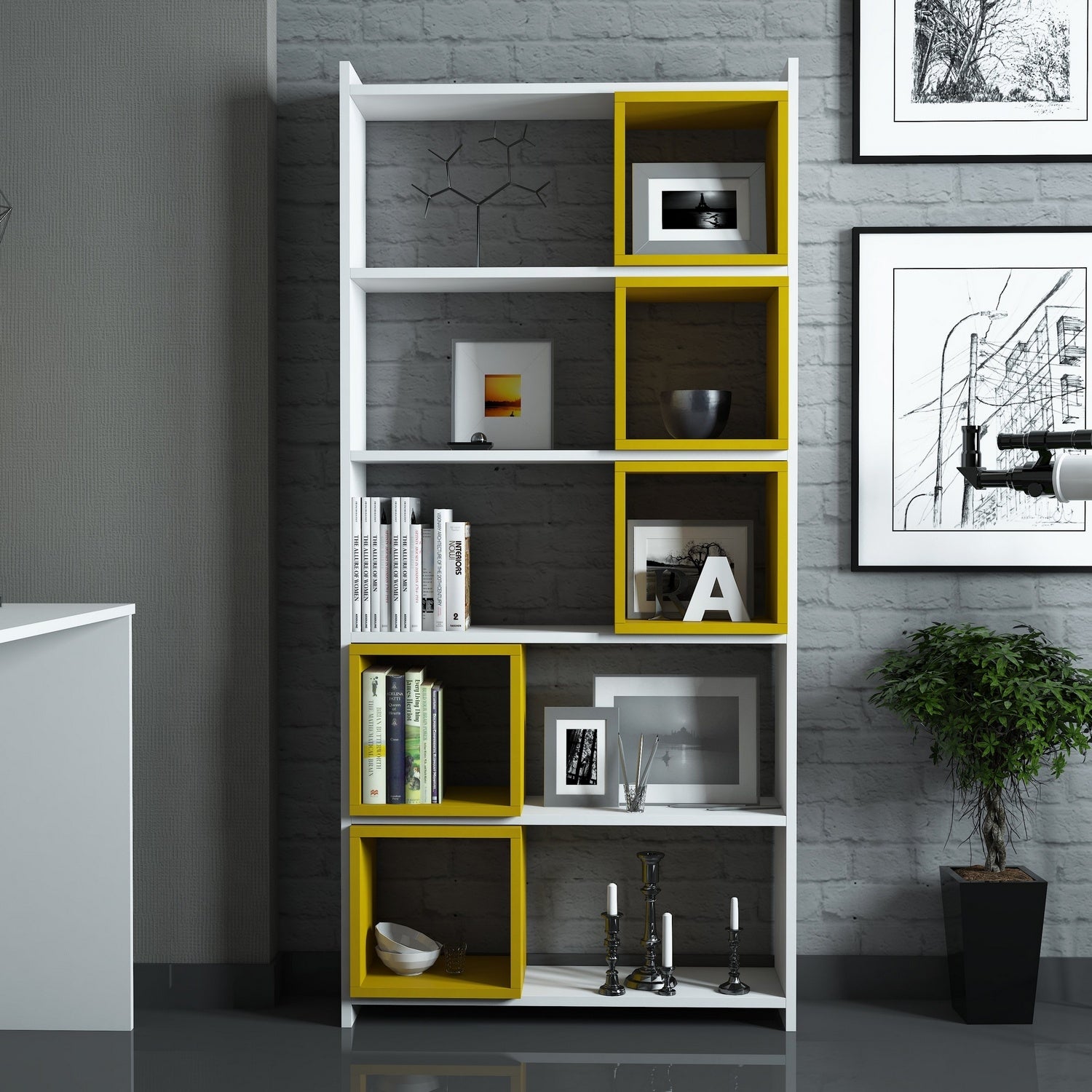 Estante de parede – 80 x 170 x 22 cm – Branco e amarelo – Painéis de partículas revestido em melamina