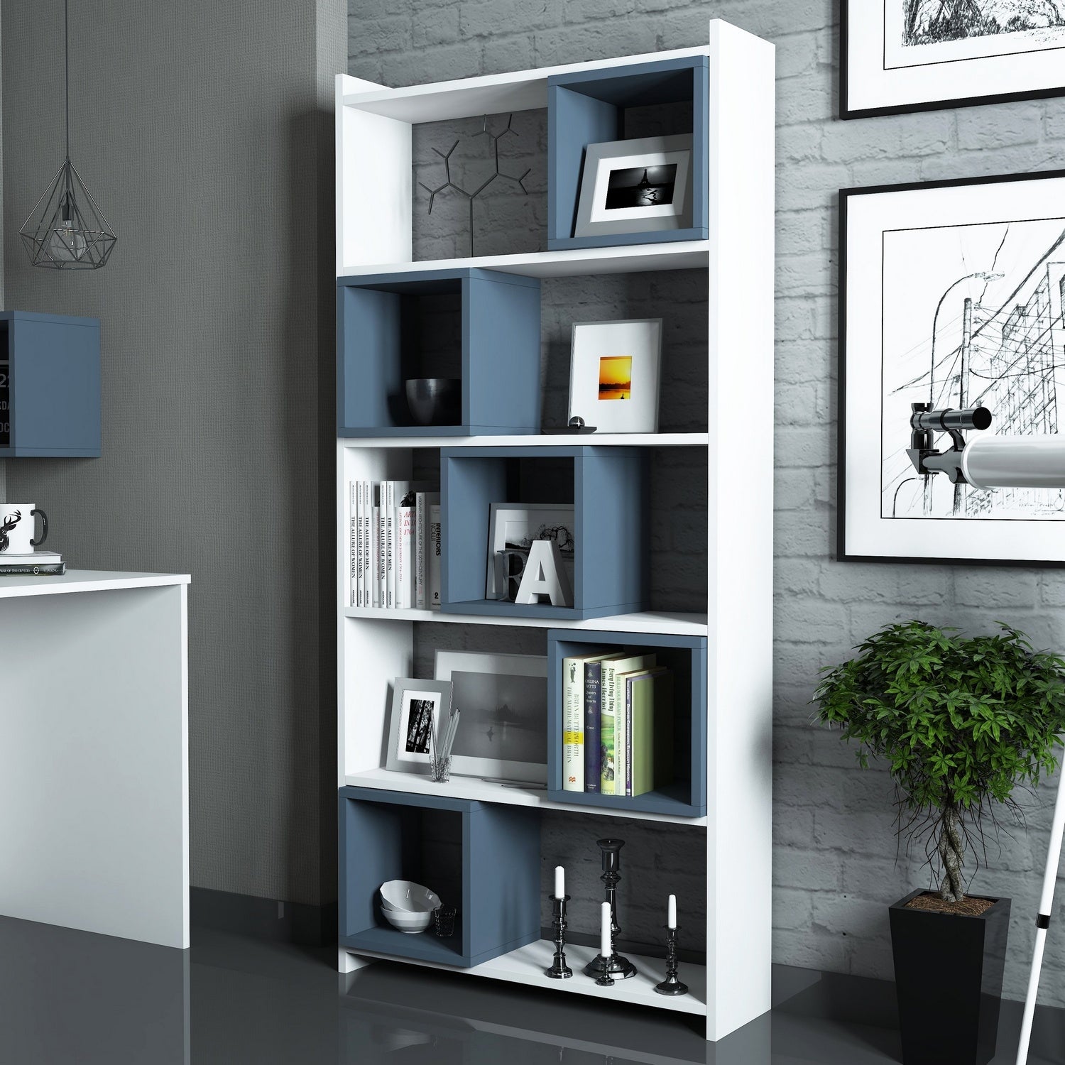 Estante moderna – 80 x 170 x 22 cm – Branco e Azul – Melamina