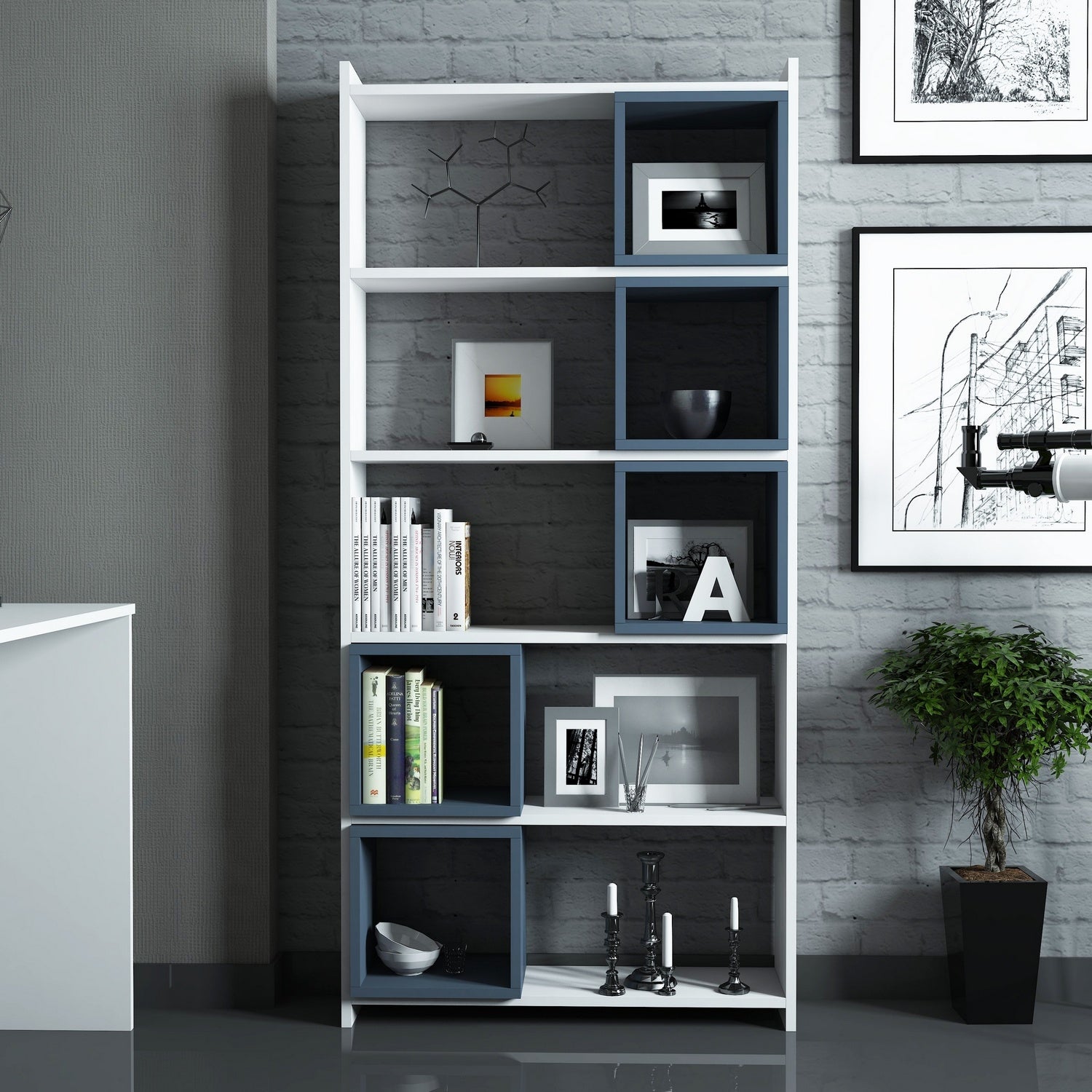 Estante moderna – 80 x 170 x 22 cm – Branco e Azul – Melamina