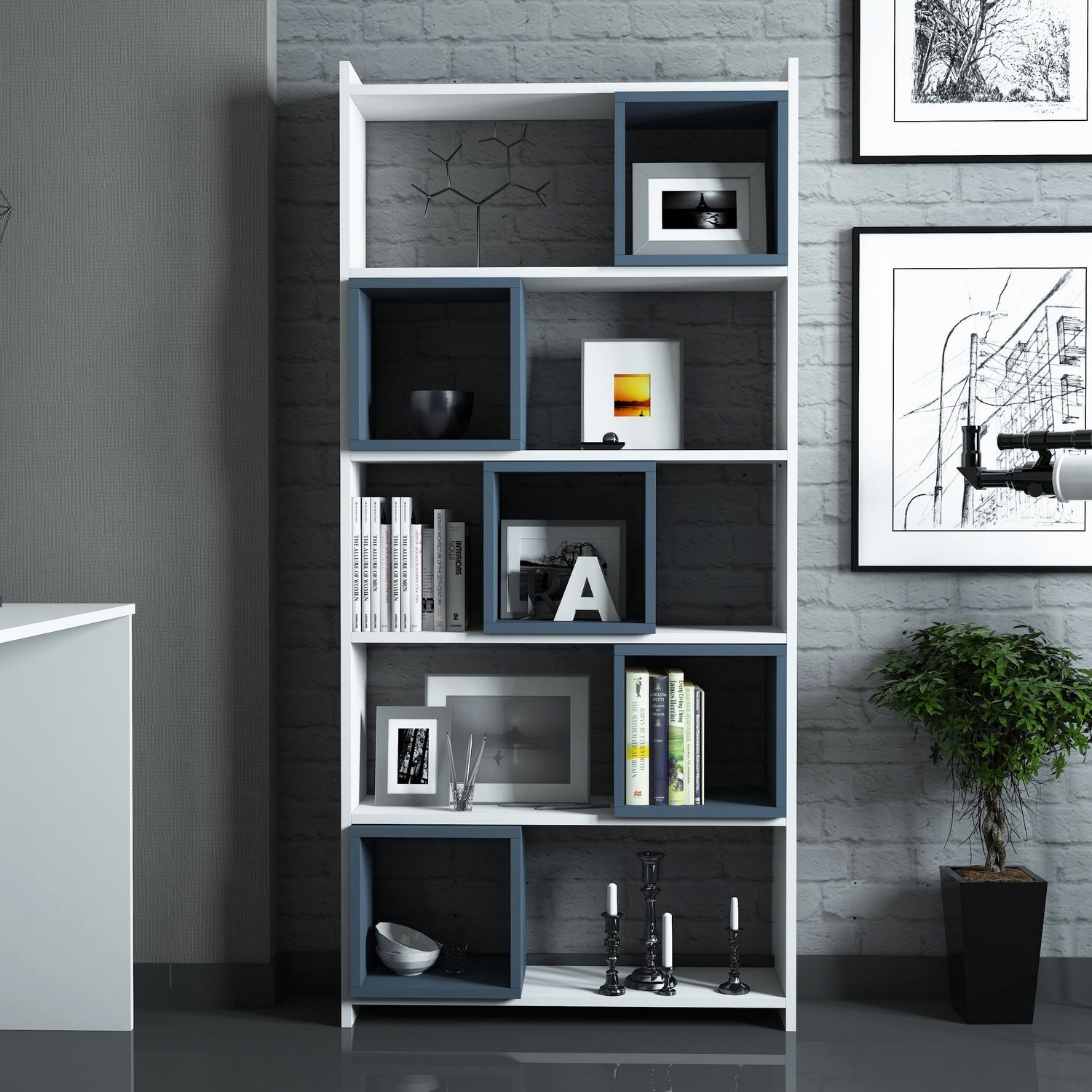 Estante moderna – 80 x 170 x 22 cm – Branco e Azul – Melamina