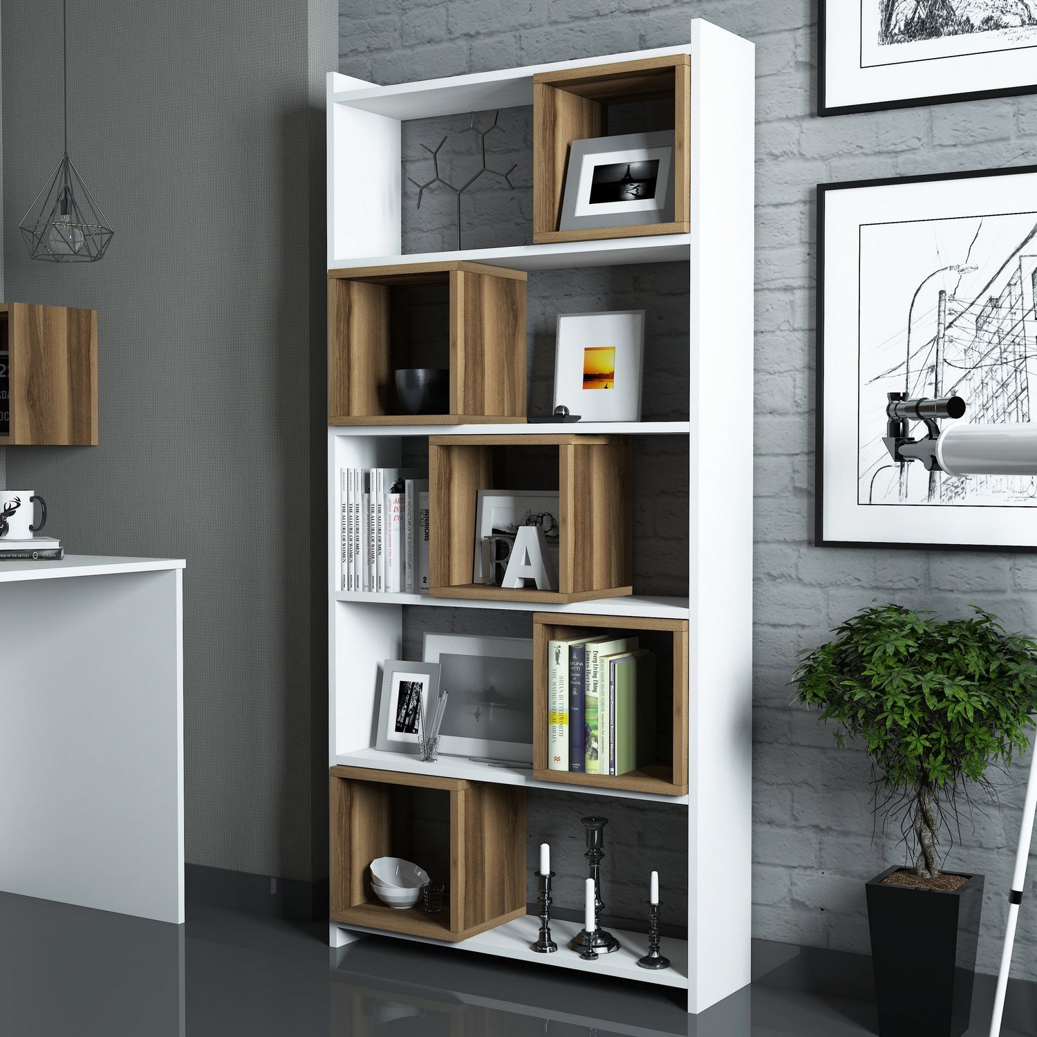 Estante moderna – 80 x 170 x 22 cm – branca e nogueira – melamina