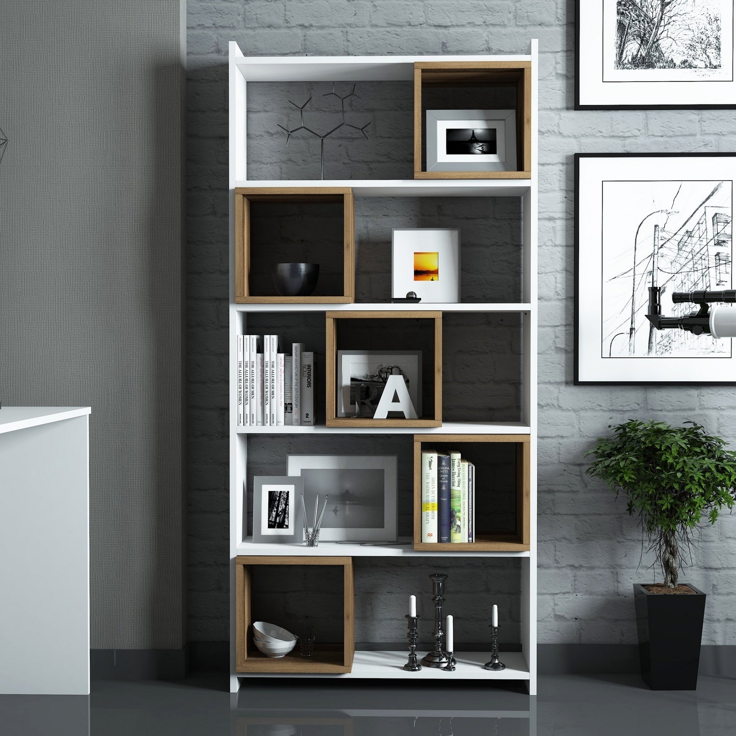 Estante moderna – 80 x 170 x 22 cm – branca e nogueira – melamina