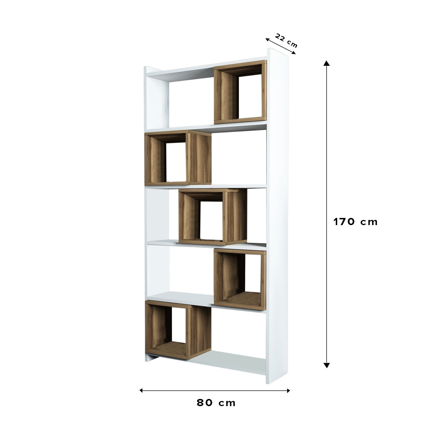 Estante moderna – 80 x 170 x 22 cm – branca e nogueira – melamina