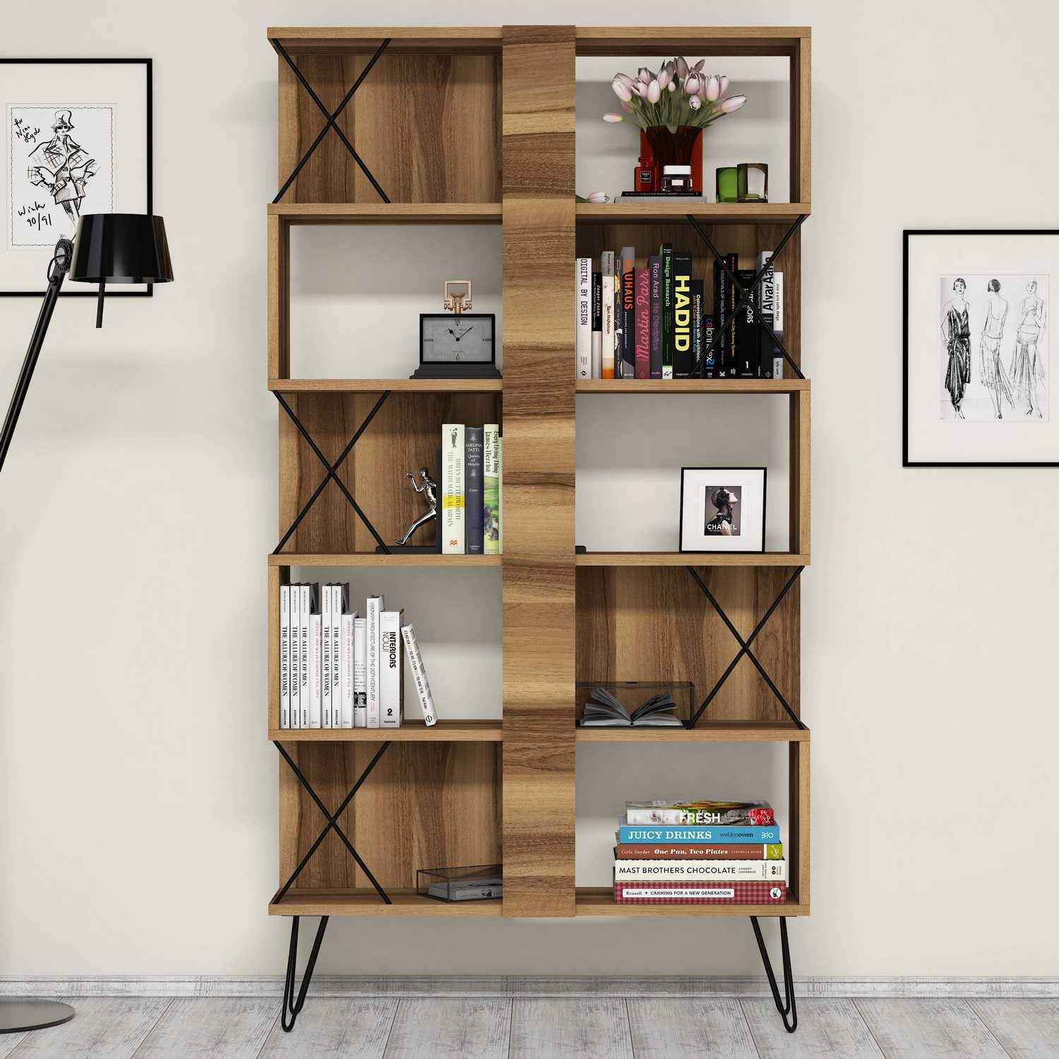 Estante moderna – 90 x 167,3 x 22 cm – Nogueira – Painéis de partículas revestidos a melamina