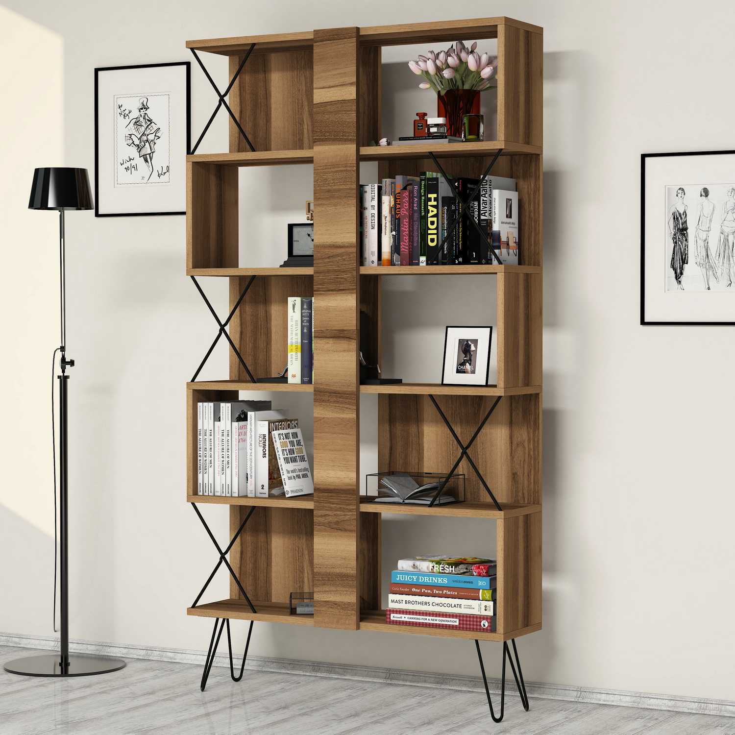 Estante moderna – 90 x 167,3 x 22 cm – Nogueira – Painéis de partículas revestidos a melamina