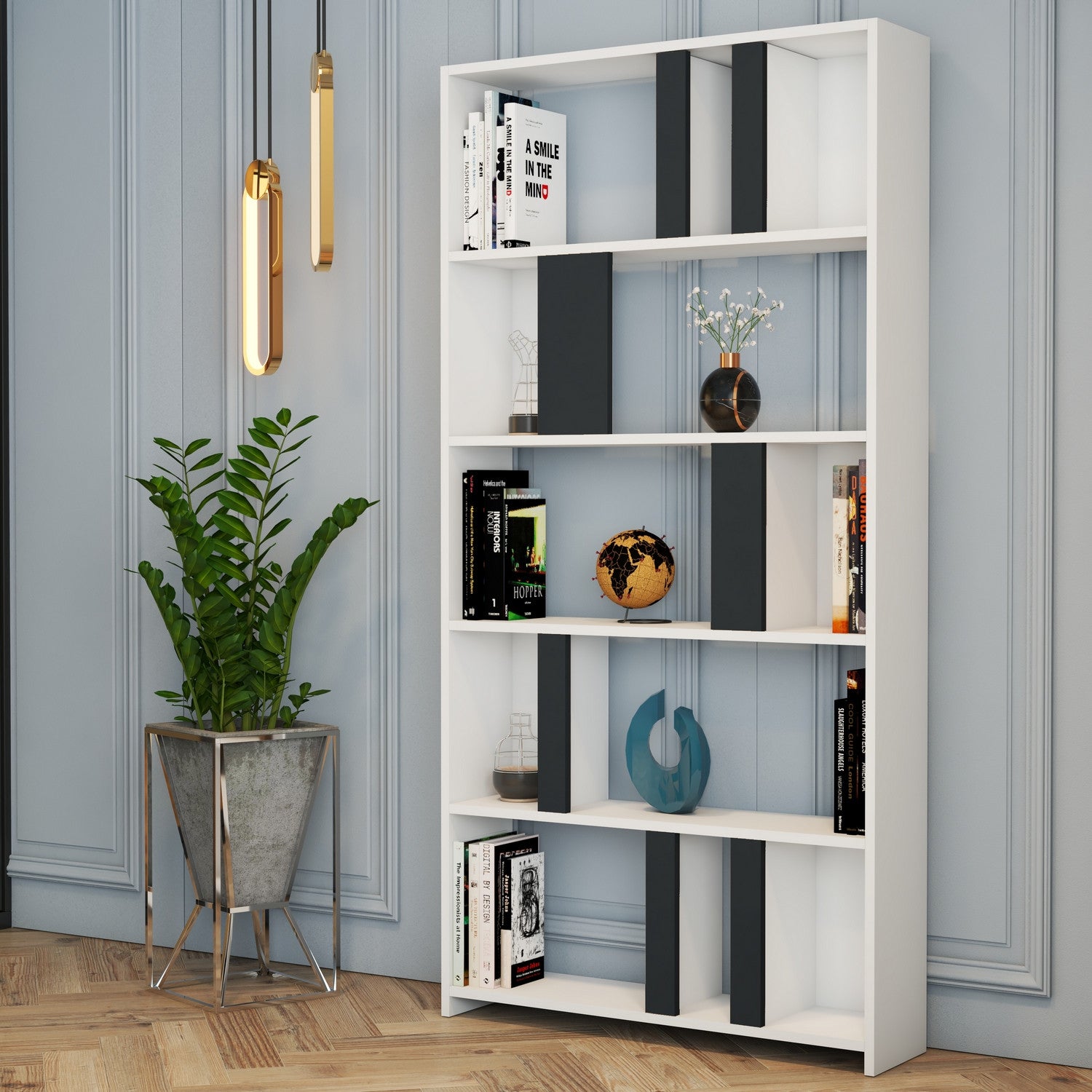 Estante moderna – 90 x 180 x 20 cm – Branca e antracite – Painel de partículas