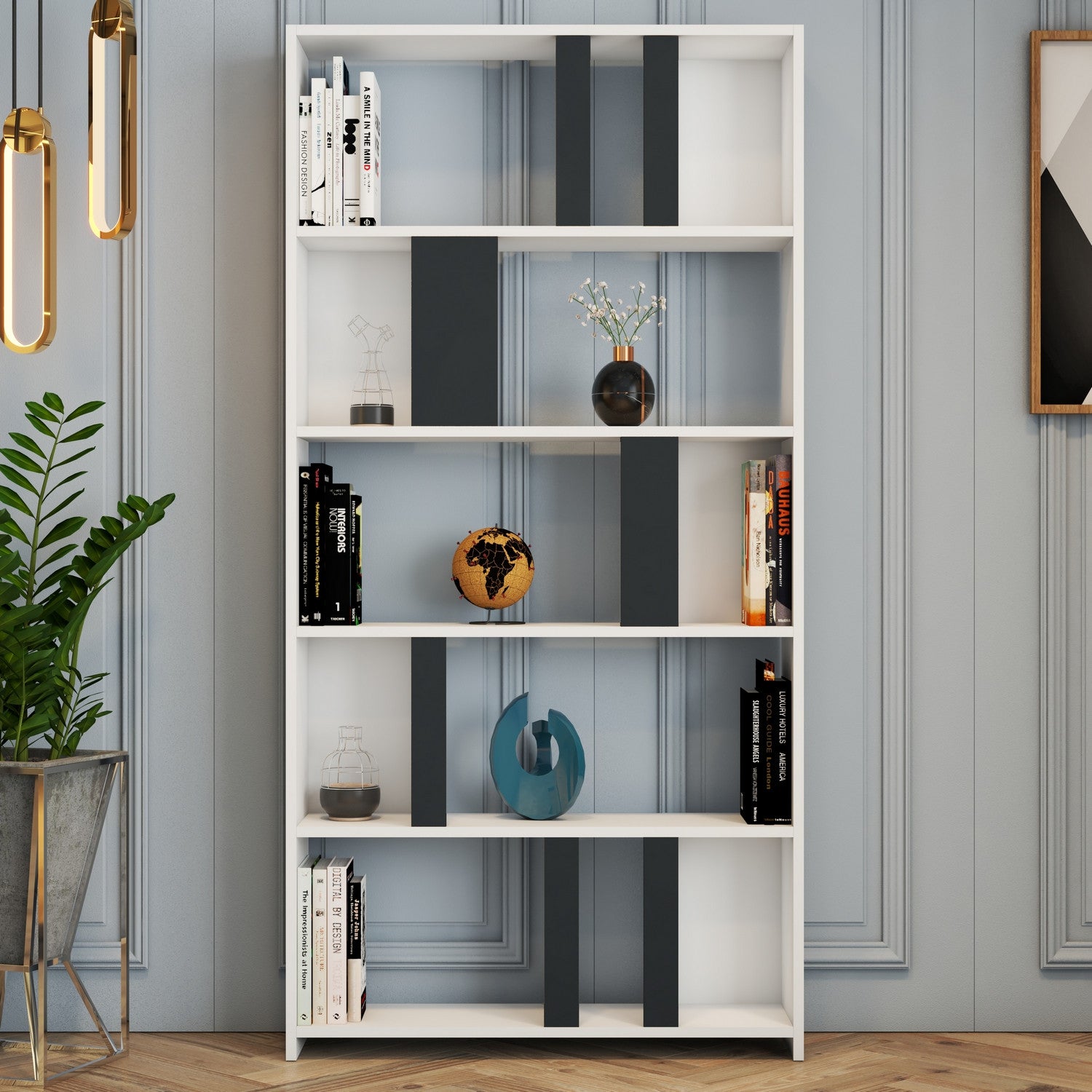 Estante moderna – 90 x 180 x 20 cm – Branca e antracite – Painel de partículas
