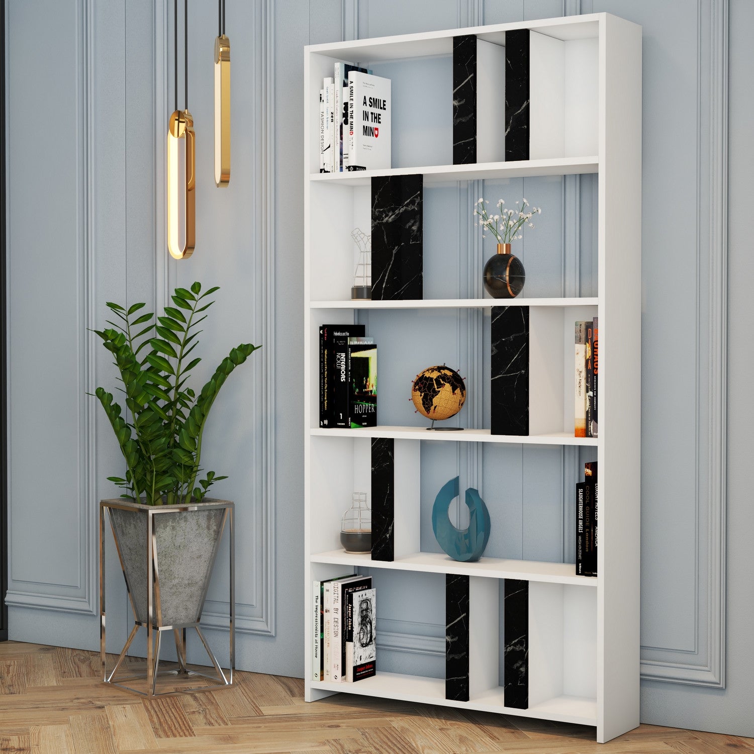 Estante moderna – 90 x 180 x 20 cm – Branco e preto – Painel de partículas revestido a melamina