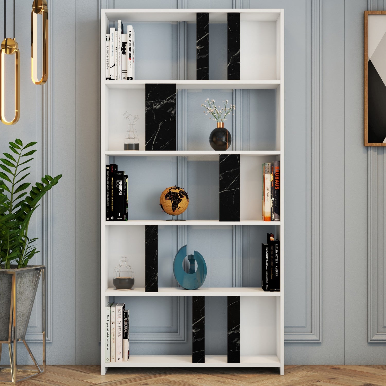 Estante moderna – 90 x 180 x 20 cm – Branco e preto – Painel de partículas revestido a melamina