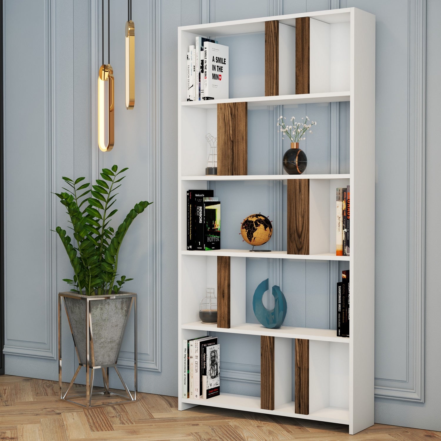 Estante moderna – 90 x 180 x 20 cm – Branco e nogueira – Painel de partículas