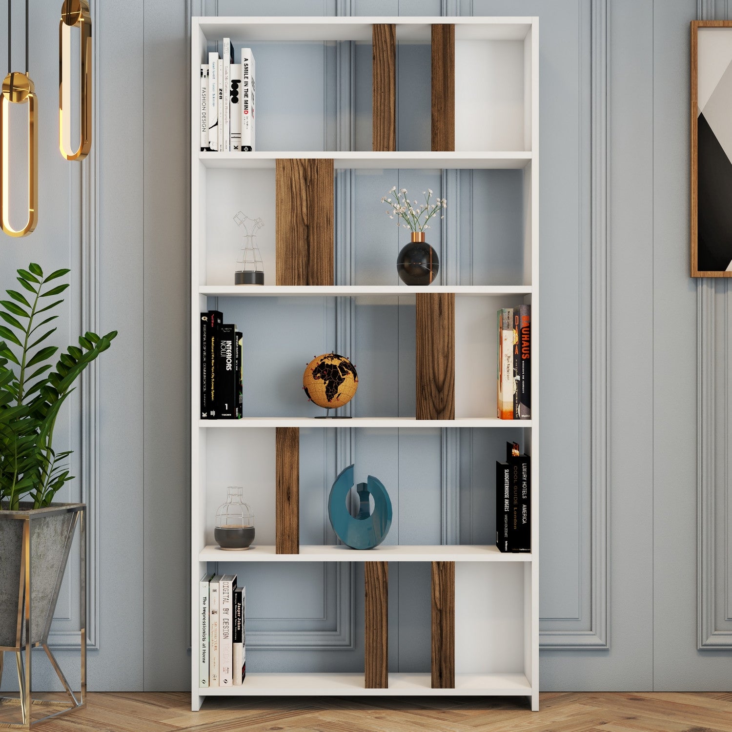 Estante moderna – 90 x 180 x 20 cm – Branco e nogueira – Painel de partículas