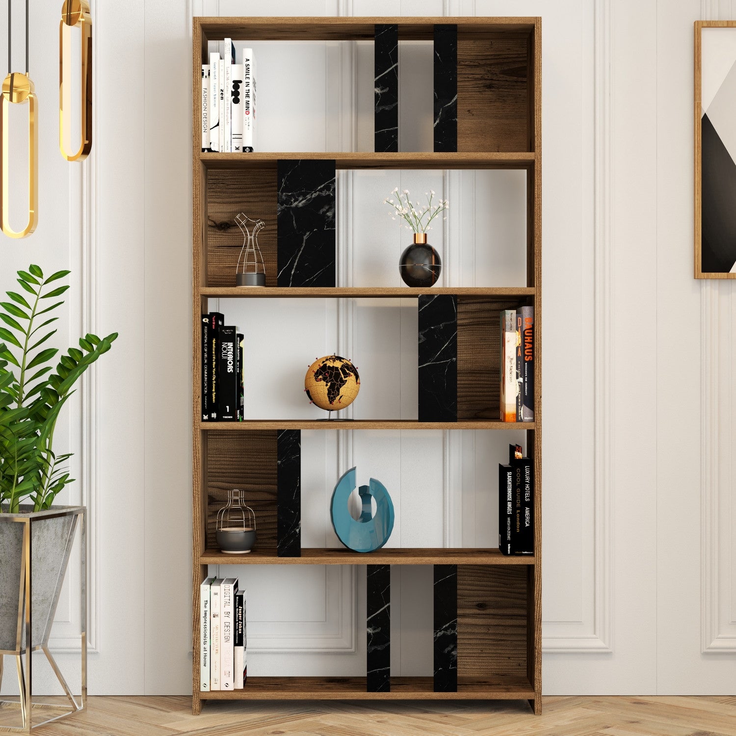 Estante moderna – 90 x 180 x 20 cm – nogueira e preto – painel de partículas revestido a melamina