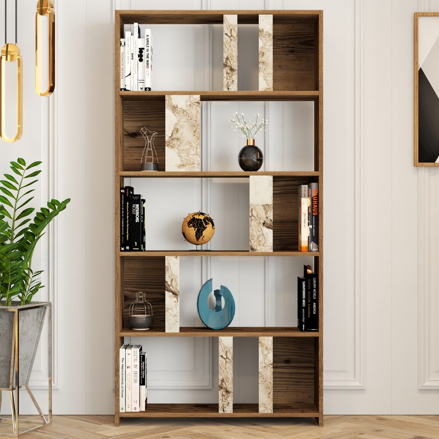 Estante moderna – 90 x 180 x 20 cm – Nogueira e Branca – MDF revestido de melamina