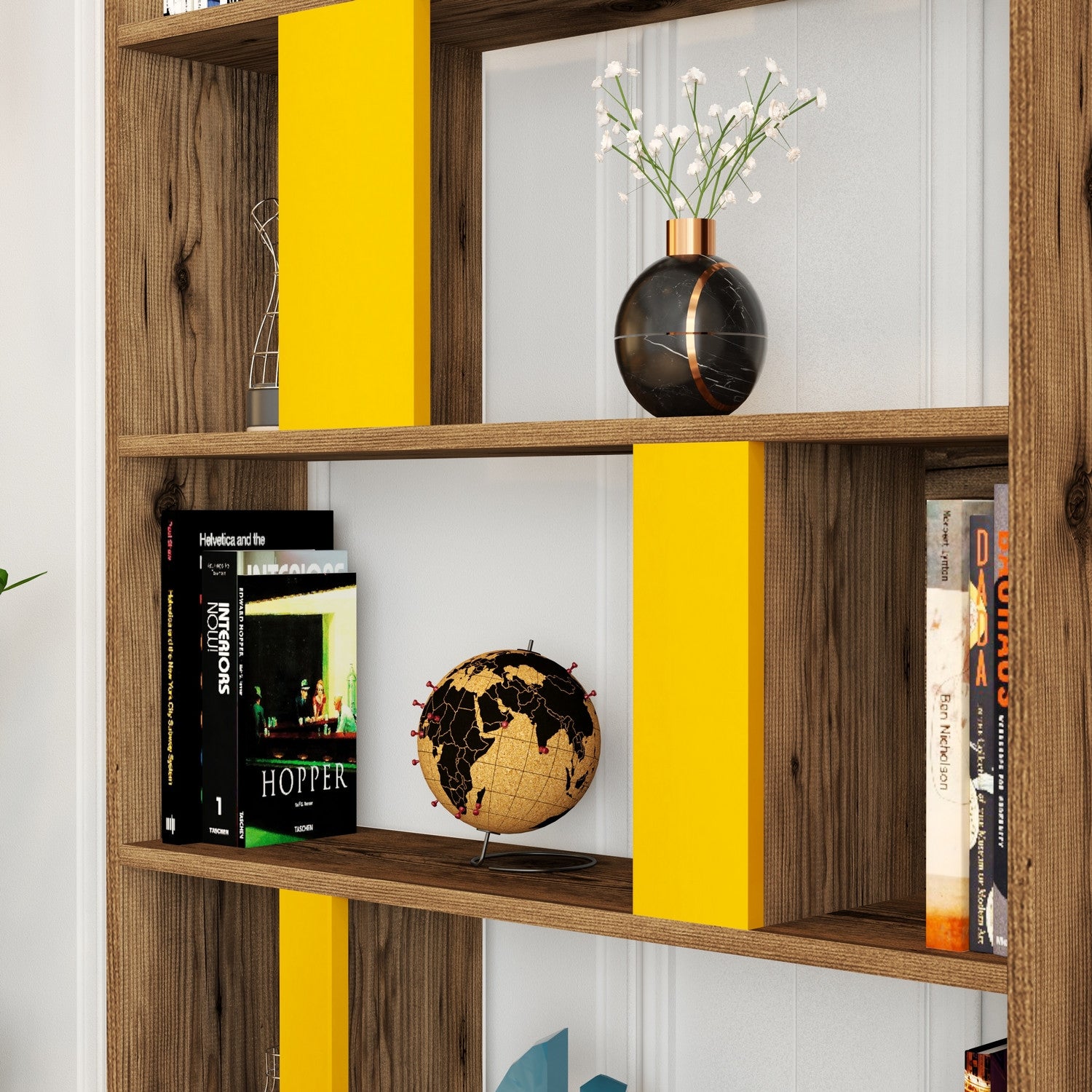 Estante Boémia – 90 x 180 x 20 cm – Nogueira e Amarelo – Painel de partículas revestido a melamina