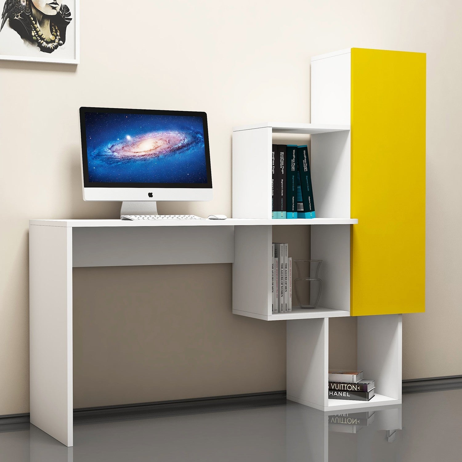 Secretária de Estudo com Estante – 145 x 74,8 x 45 cm – Branco e Amarelo – 100% Melamina