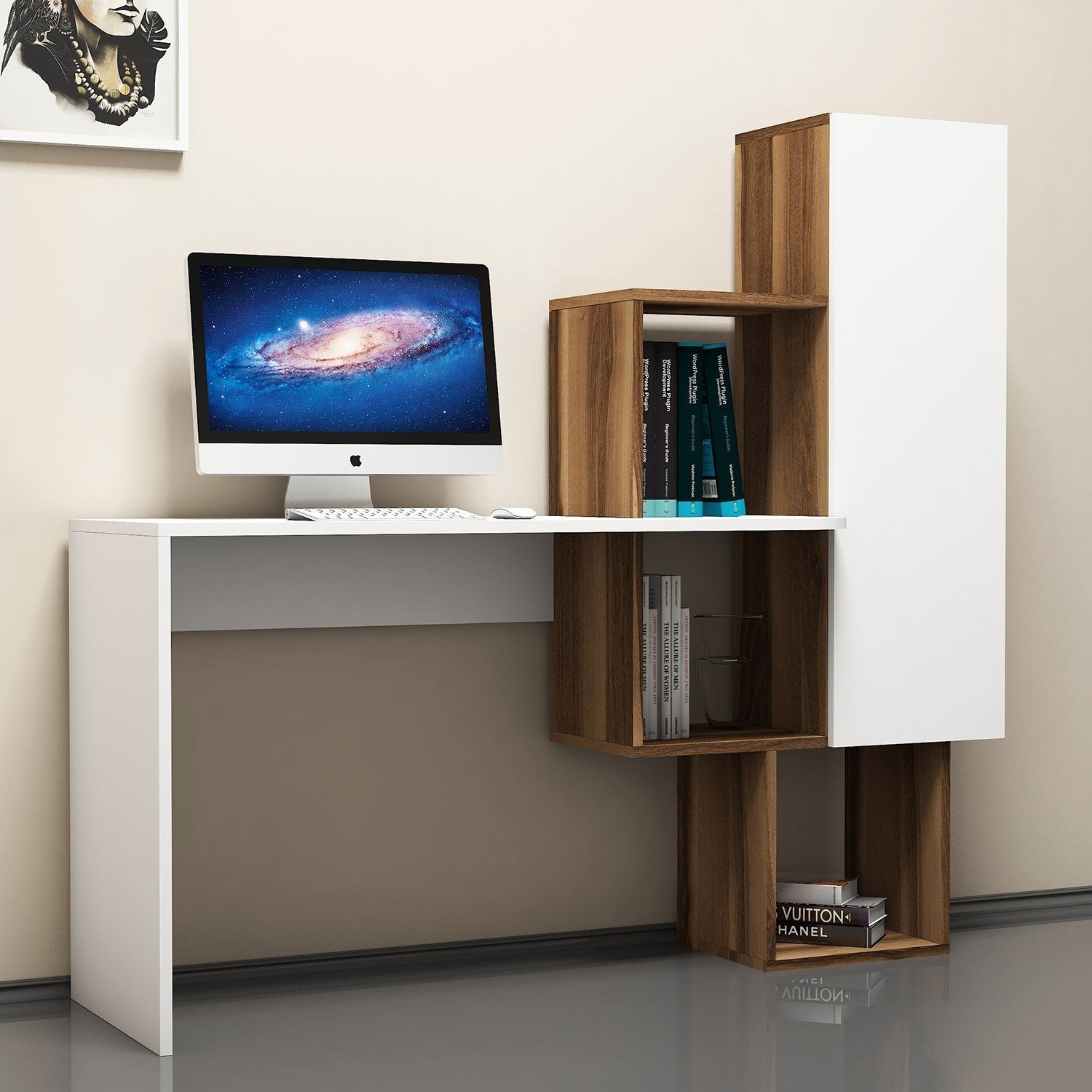 Secretária de Estudo moderna com estante – 145 x 74,8 x 45 cm – nogueira e branco – painel de partículas revestido a melamina