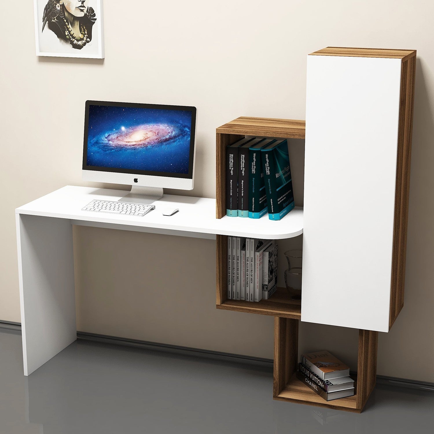 Secretária de Estudo moderna com estante – 145 x 74,8 x 45 cm – nogueira e branco – painel de partículas revestido a melamina